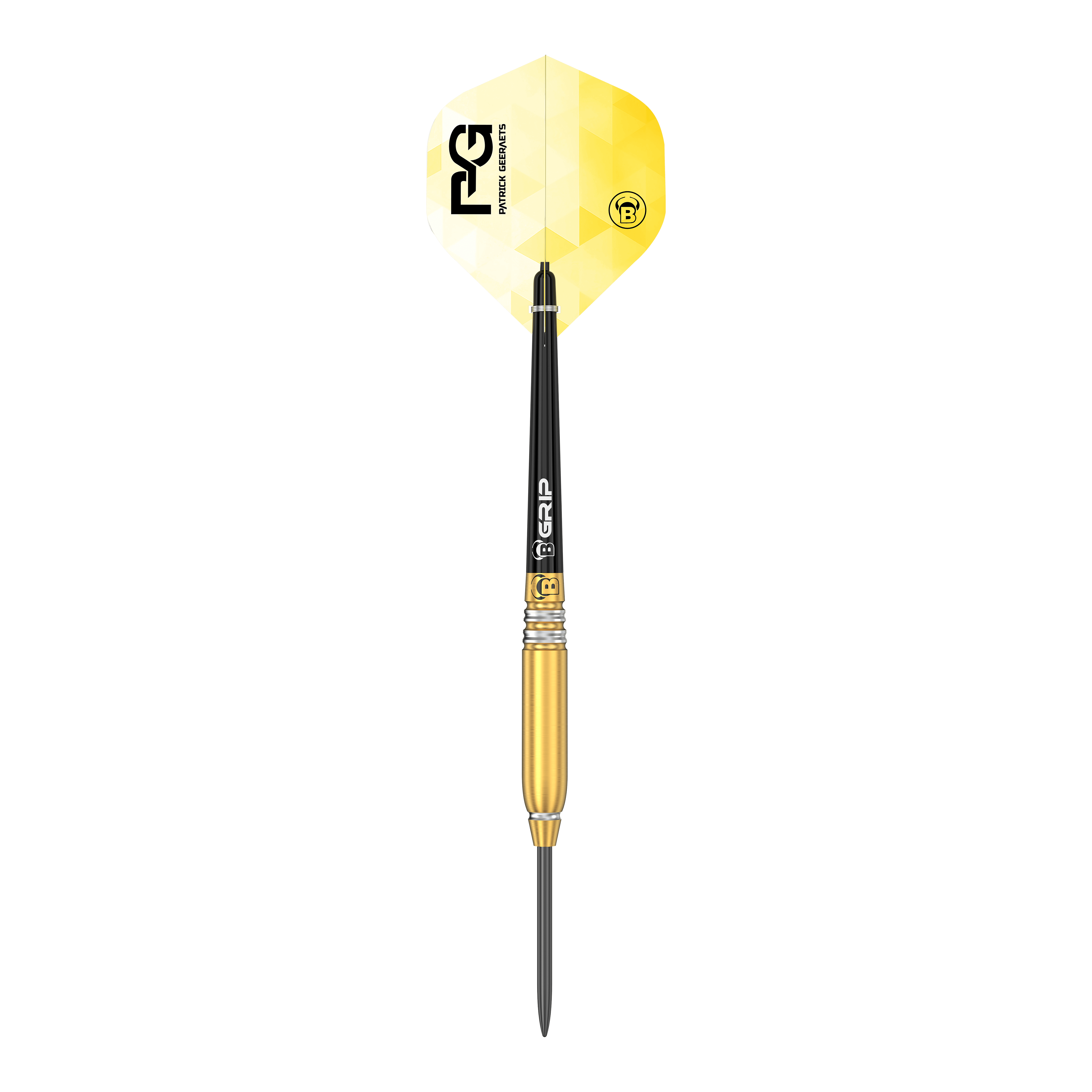 Das Bild zeigt einen Steeldart namens "Bulls Patrick Geeraets Steeldarts - 23g". Der Dartpfeil hat eine goldene Barrel, einen schwarzen Schaft und ein gelb-weißes Flight mit Logo.