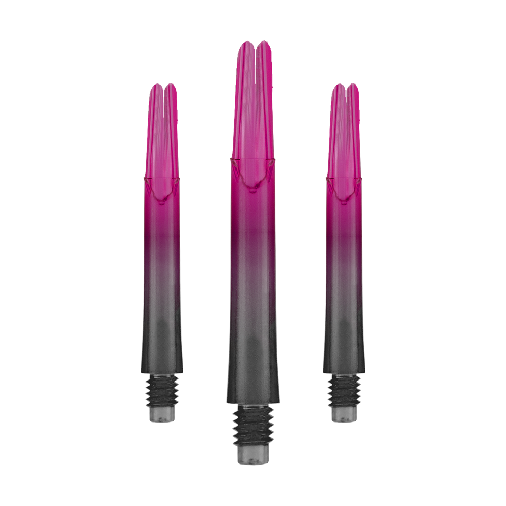 Das Bild zeigt drei pink-schwarze Dartschäfte in gerader Form. Sie stehen aufrecht nebeneinander und haben Gewinde am unteren Ende.