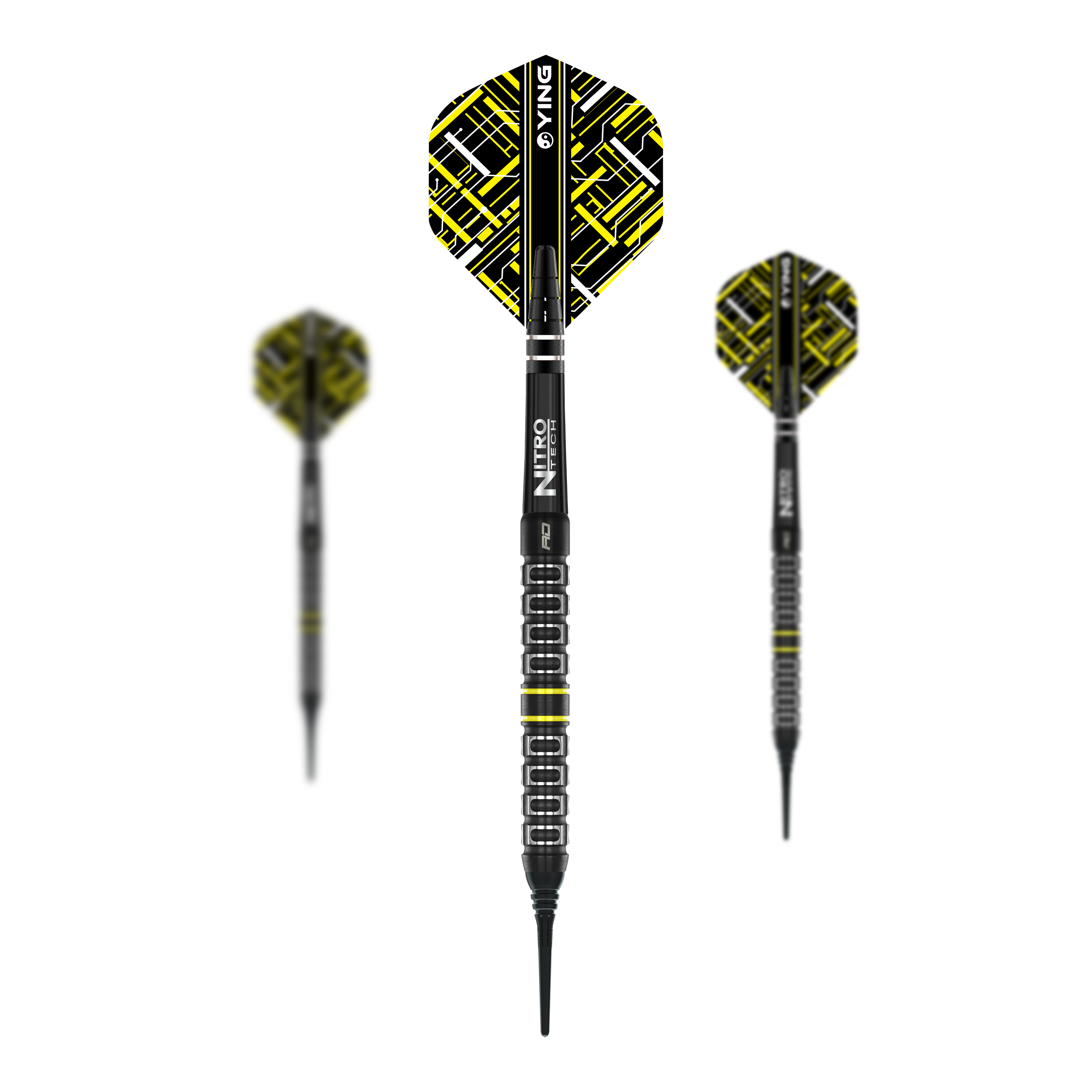 Red Dragon Astraeus Q4X Parallelle Softdarts - 20g Das Bild zeigt drei Softdarts des Modells "Red Dragon Astraeus Q4X Parallel" mit einem Gewicht von 20g. Die Darts haben ein auffälliges schwarz-gelbes Design mit geometrischem Muster auf den Flights.