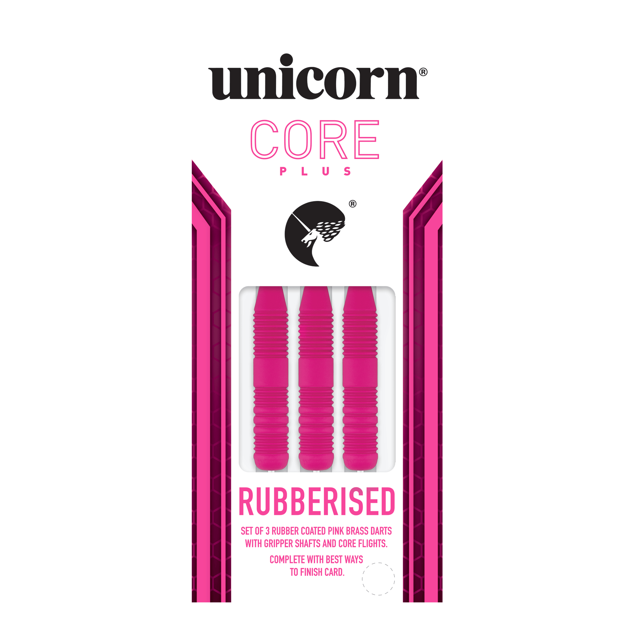 Unicorn Core Plus rubberen roze stalen darts Das Bild zeigt eine Packung mit drei pinken, gummierten Steeldarts der Marke Unicorn Core Plus. Die Darts haben geriffelte Griffe und werden in einer weiß-pinken Verpackung präsentiert.