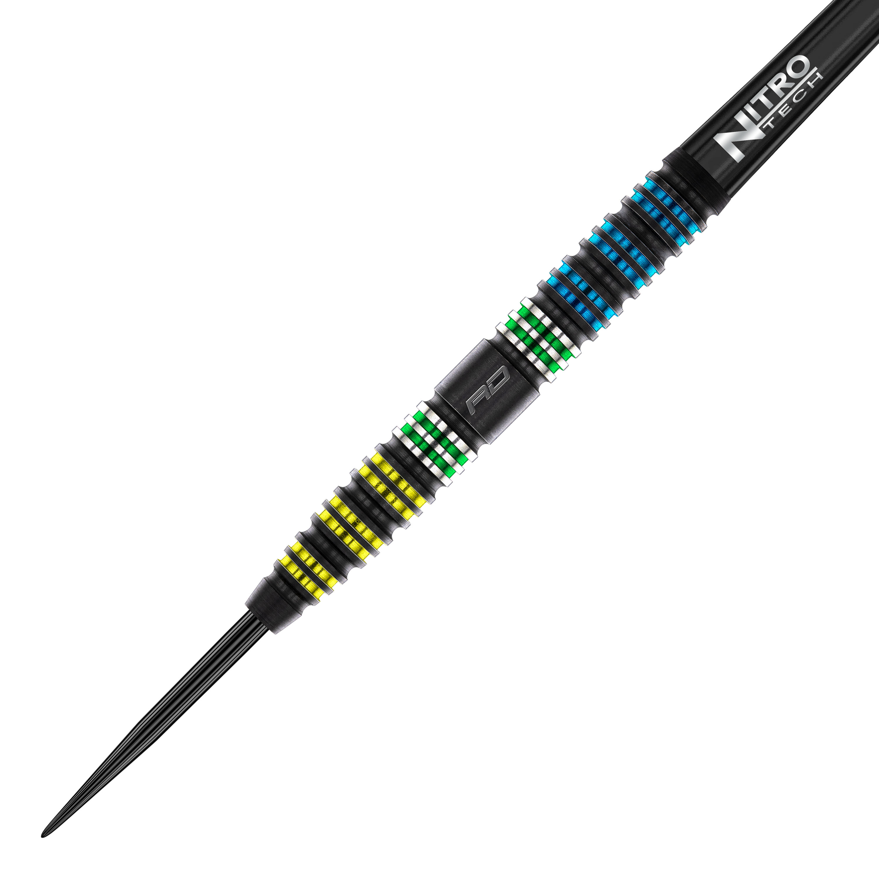 Red Dragon Dragonfly 95 Zwarte Taps Toelopende Stalen Darts Das Bild zeigt den Red Dragon Dragonfly 95 Black Tapered Steeldart. Der Dart hat farbige Ringe in Gelb, Grün und Blau sowie einen schwarzen Schaft mit der Aufschrift "Nitro Tech".