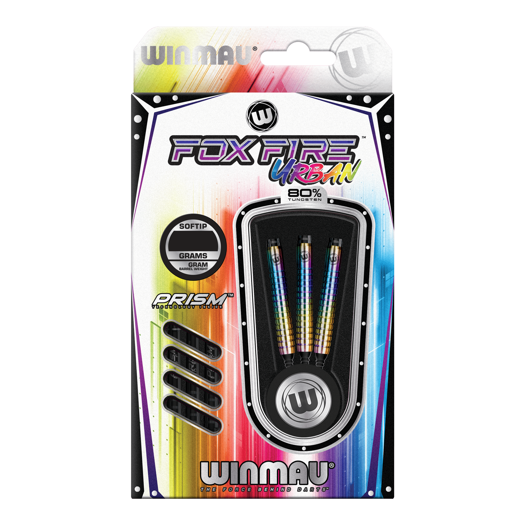 Winmau Foxfire Urban Soft Darts - 20g Das Bild zeigt die Winmau Foxfire Urban Softdarts mit einem Gewicht von 20 Gramm. Die Verpackung ist bunt gestaltet und enthält drei Darts mit Regenbogen-Design.