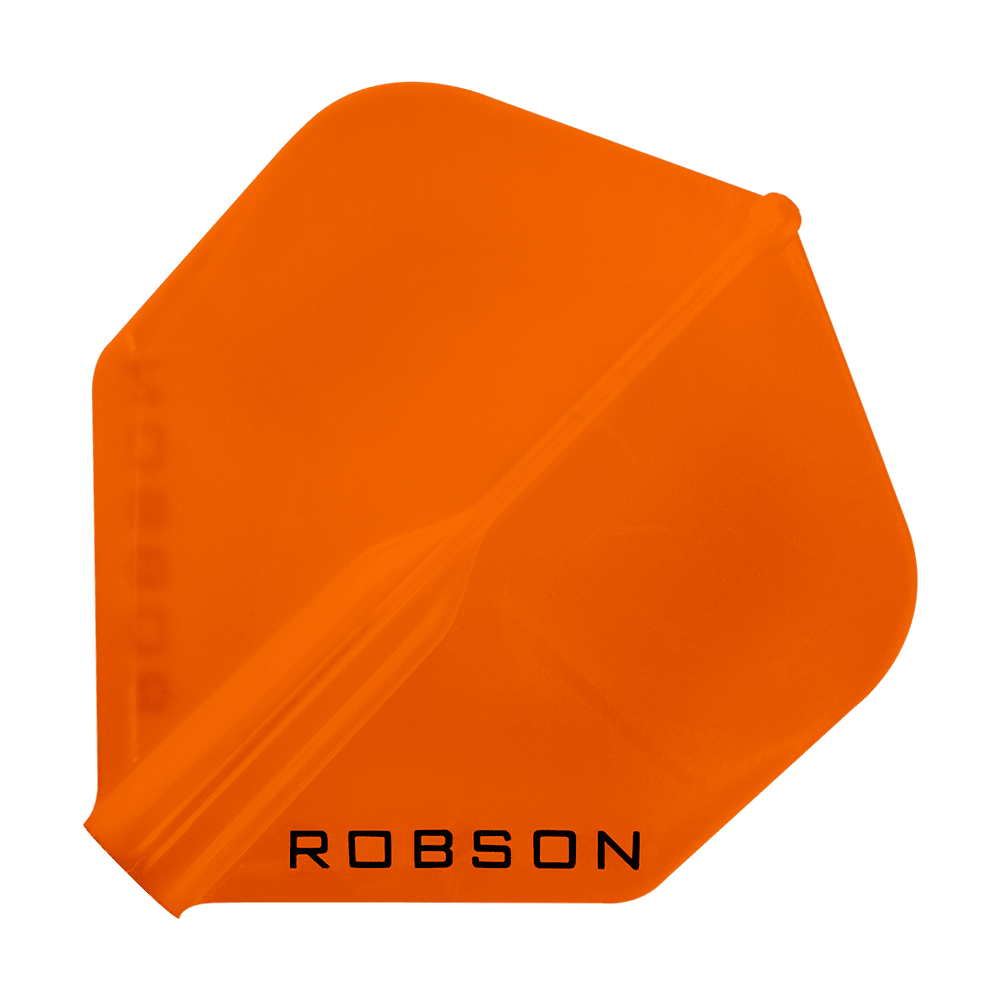Robson Plus Standard Flights Das Bild zeigt ein orangefarbenes Dartflight mit der Aufschrift "ROBSON". Das Flight hat eine klassische, standardmäßige Form.