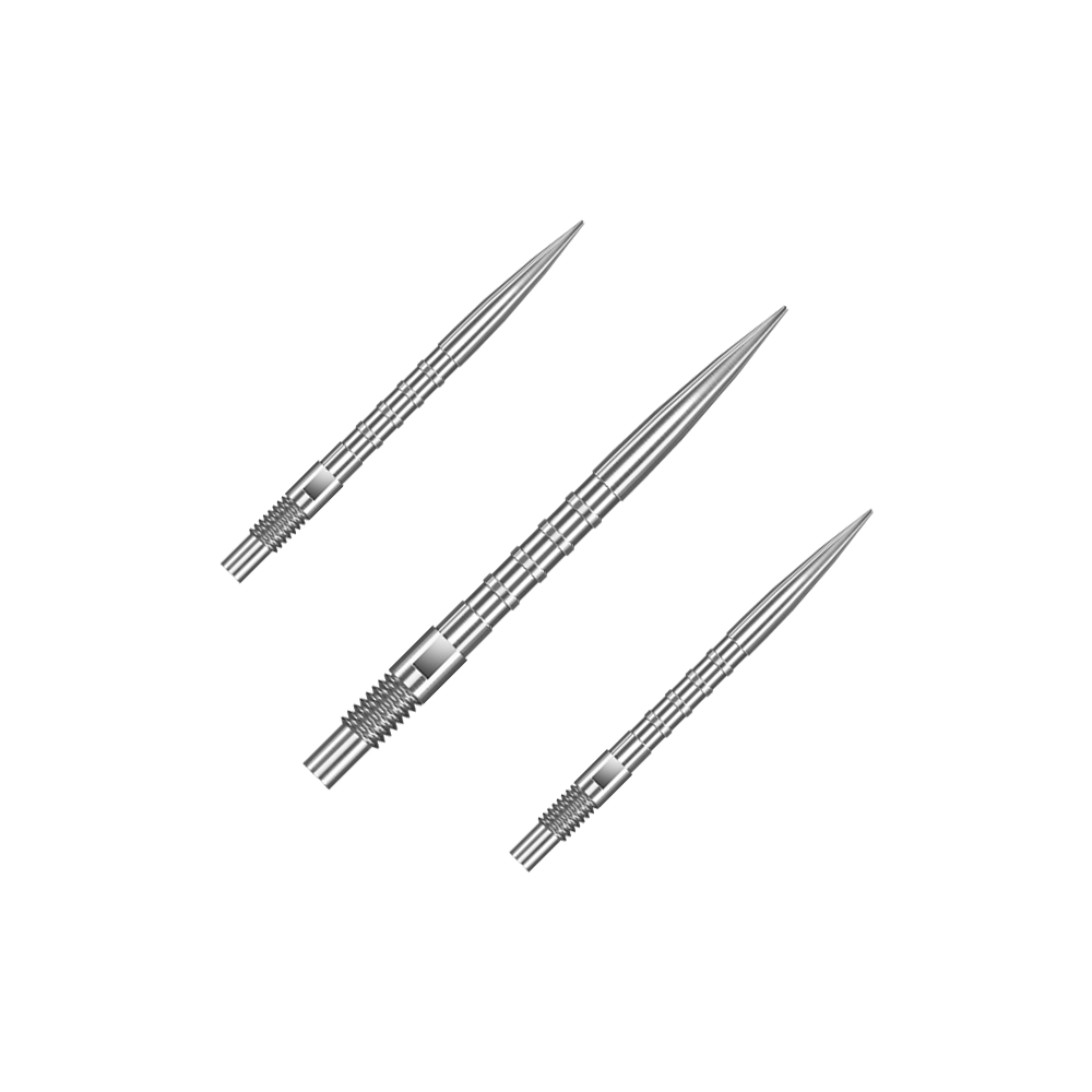 Harrows Quick Point Heavy Metal Dart Tips - Zilver Das Bild zeigt ein Set von Harrows Quick Point Heavy Metal Grip Dartspitzen in Silber mit 26mm Länge. Es sind mehrere Dartspitzen auf dem Bild abgebildet.