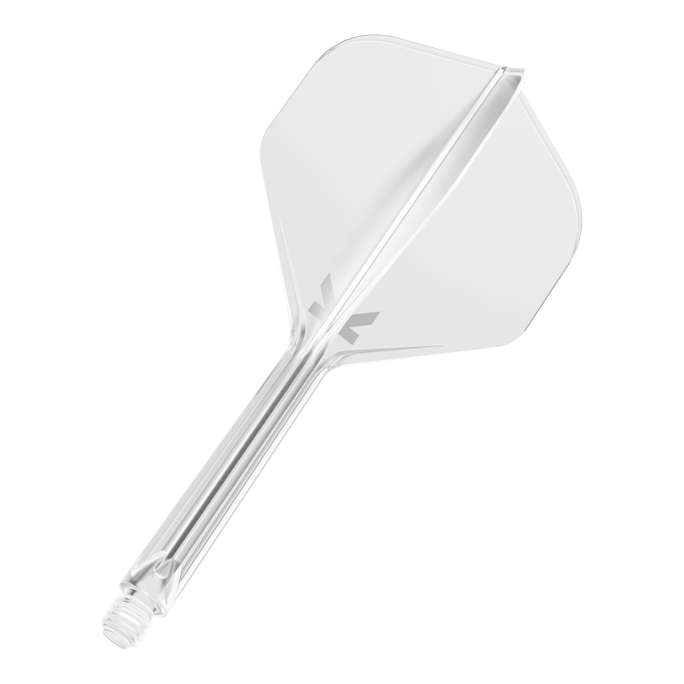 Target K-Flex No2 Standaard Vluchtsysteem - Helder Das Bild zeigt einen klaren Dart-Flight mit integriertem Schaft. Das Design ist schlicht und durchsichtig, mit einem kleinen grauen Logo auf dem Flight.