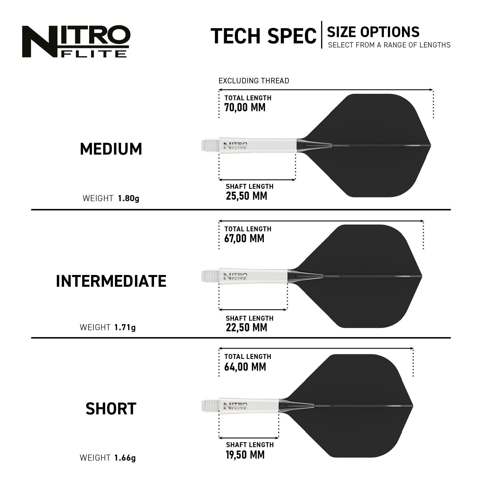 Red Dragon Nitroflite - Witte Schacht Zwarte No2 Vluchten Das Bild zeigt die technischen Spezifikationen und Größenoptionen für das Produkt "Red Dragon Nitroflite - White Shaft Black No2 Flights". Es werden drei Längen (Medium, Intermediate, Short) mit jeweiligen Maßen und Gewichten dargestellt.