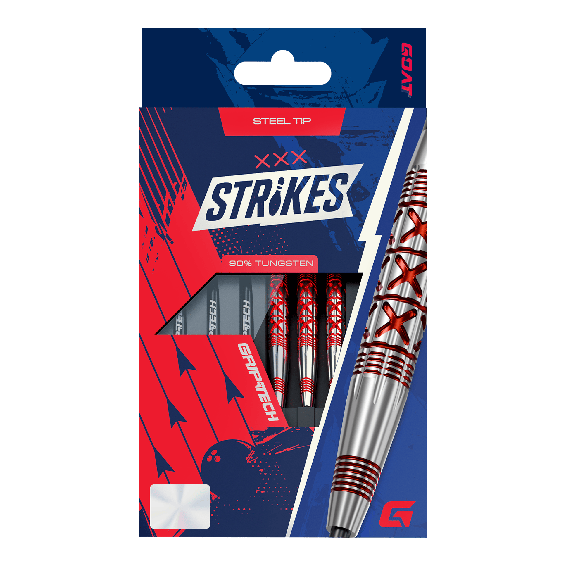 GOAT slaat met stalen dartpijlen Hier ist das Produkt GOAT Strikes Steeldarts abgebildet. Die Steeldarts sind hochwertig verarbeitet und für Dartspieler geeignet.