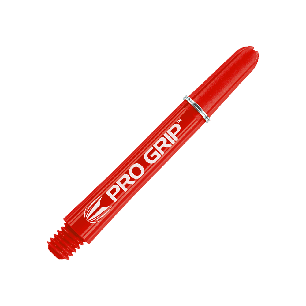 Target Pro Grip Shafts - 3 sets - Rood Das Bild zeigt einen roten Dartshaft mit der Aufschrift "PRO GRIP". Der Hintergrund ist ebenfalls rot und weist ein Muster aus Linien auf.