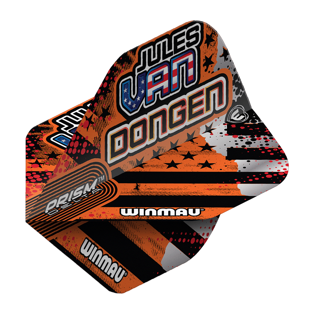 Winmau Prism Delta Jules Van Dongen Standaardvluchten Das Bild zeigt die Winmau Prism Delta Jules Van Dongen Standard Flights. Die Flights haben ein auffälliges Design mit orangenen, schwarzen und weißen Farben sowie dem Namen "Jules Van Dongen" aufgedruckt.