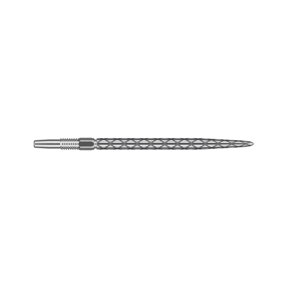 Target Swiss Diamond Pro Silver Points dartpunten Das Bild zeigt eine silberne Dartspitze mit einem Rautenmuster entlang des Schafts. Die Spitze ist gerade und hat feine Gravuren zur besseren Griffigkeit.