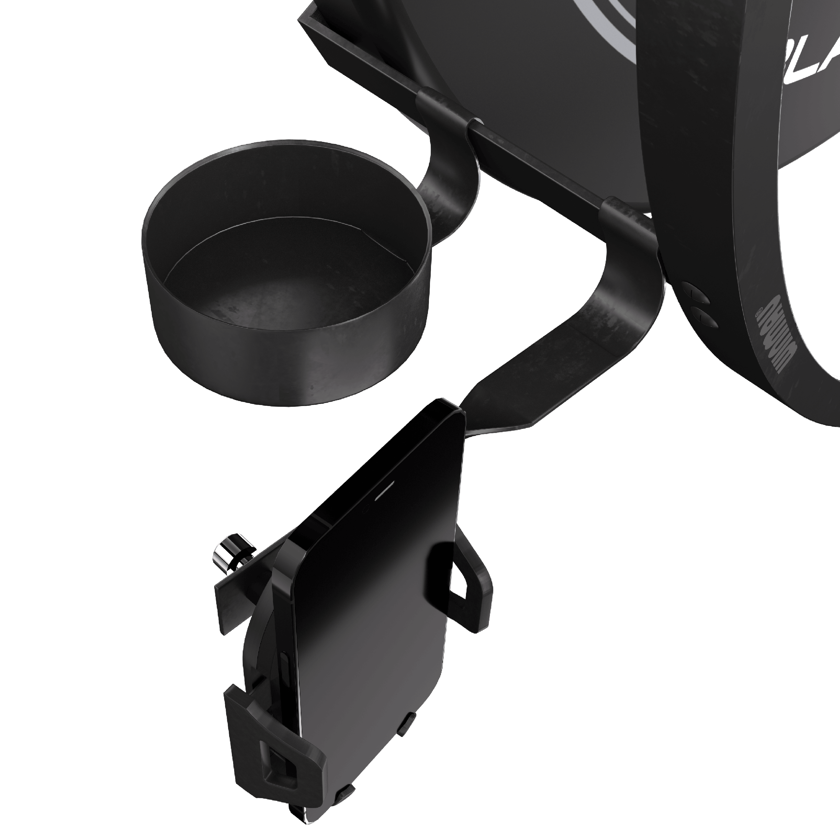 Winmau Plasma-accessoireset Das Bild zeigt das Winmau Plasma Zubehör Set mit einem Handyhalter und einem Becherhalter. Beide Halterungen sind an einem runden Rahmen befestigt.