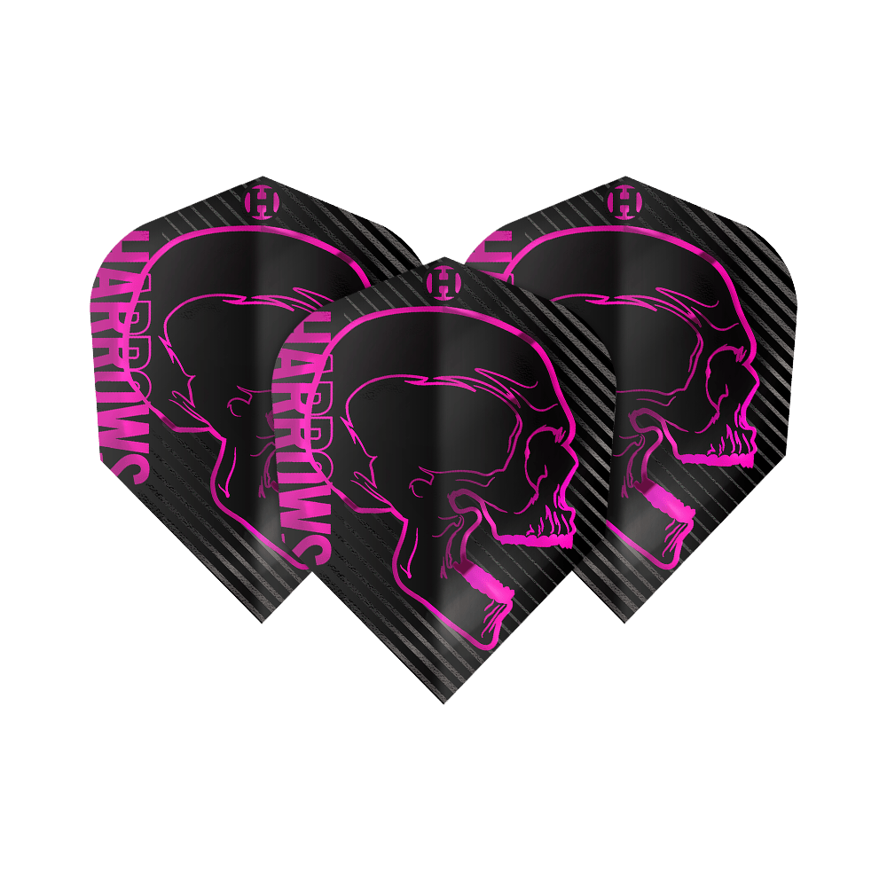 Harrows Rage Roze nr. 6 vluchten Das Bild zeigt drei schwarze Dartflights mit einem auffälligen pinken Totenkopf-Design. Auf den Flights steht seitlich in pink der Schriftzug "Harrows".