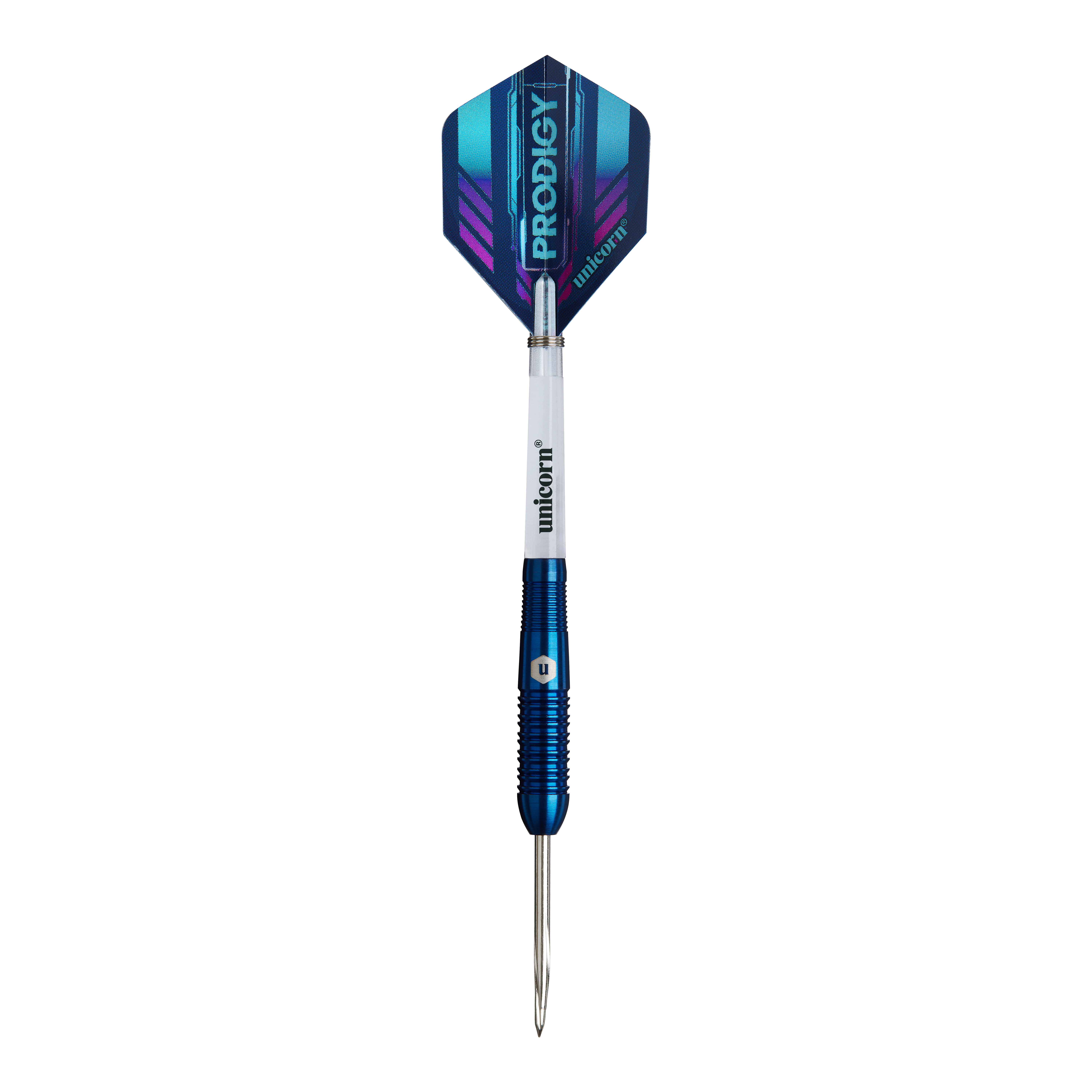 Unicorn Prodigy 02 Torpedo stalen darts Das Bild zeigt einen Unicorn Prodigy 02 Torpedo Steeldart. Der Dartpfeil hat blaue und silberne Farben mit einer spitzen Metallspitze und einem modernen Flight-Design.