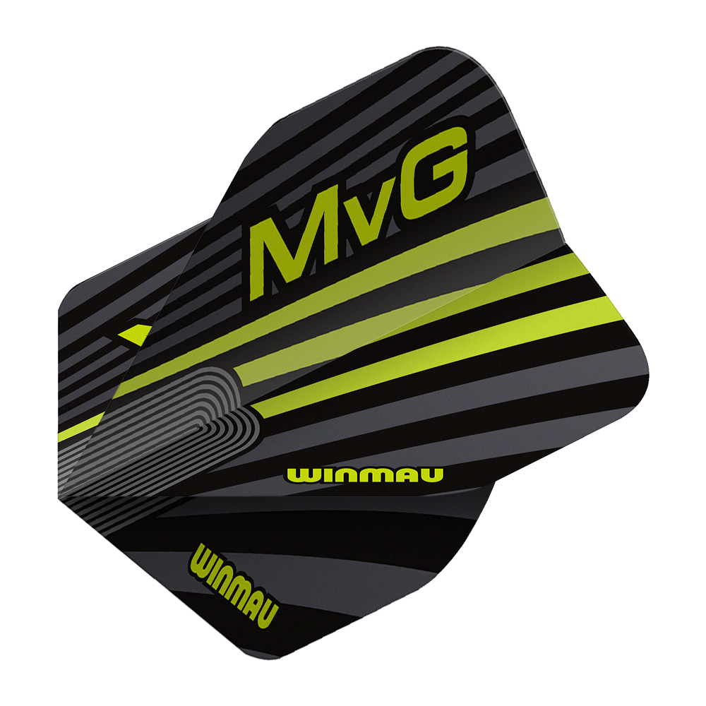 Das Bild zeigt die Winmau Prism Delta MvG Grey Green No2 Standard Flights. Es handelt sich um Dart-Flights in Grau und Grün.