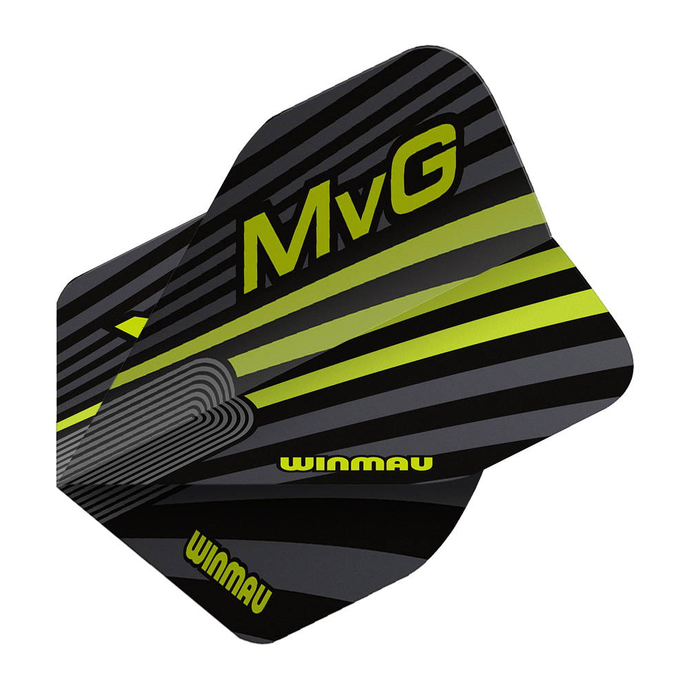 Winmau Prism Delta MvG Grijsgroen Nr. 2 Standaardvluchten Das Bild zeigt die Winmau Prism Delta MvG Grey Green No2 Standard Flights. Es handelt sich um Dart-Flights in Grau und Grün.