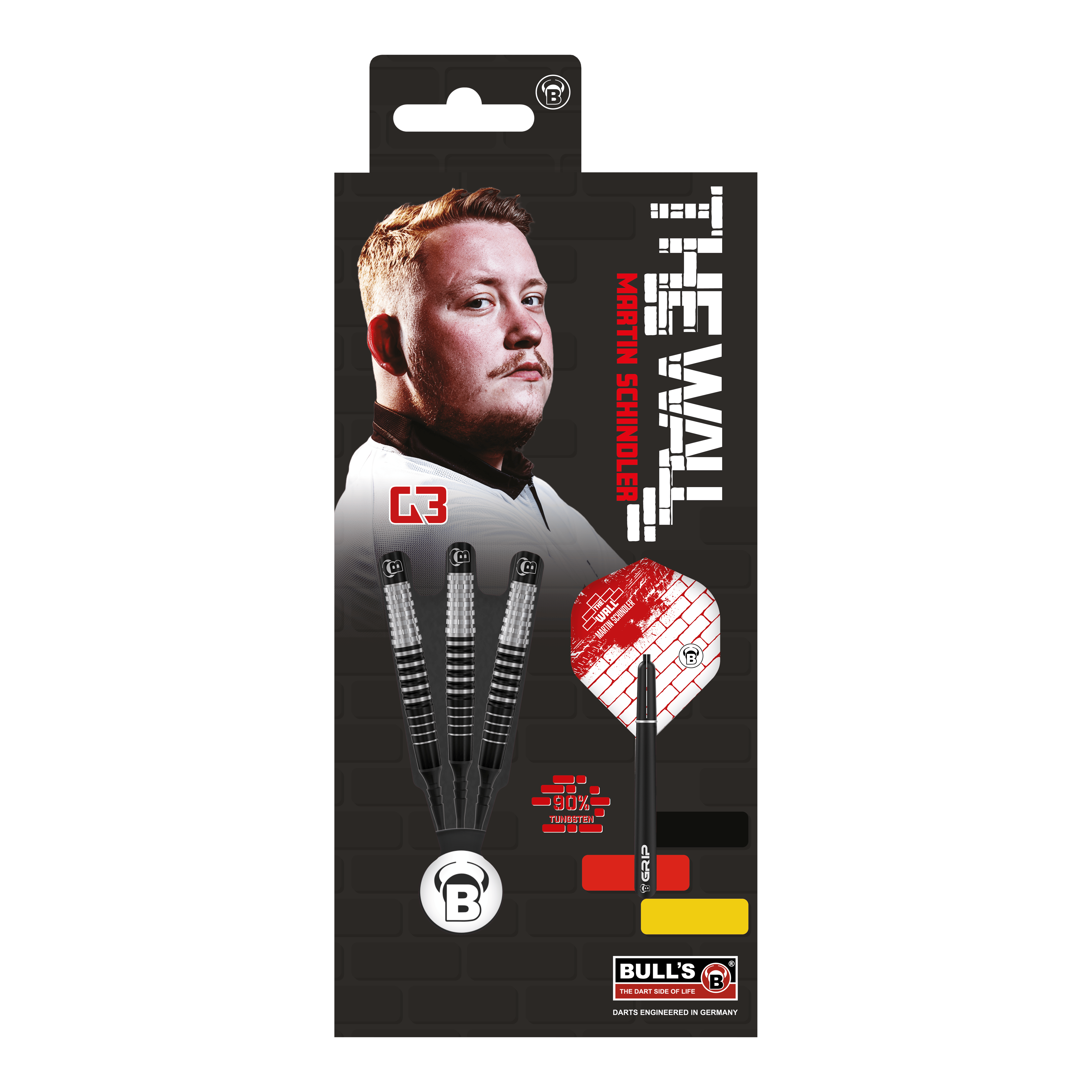 Bulls Martin Schindler Original Generation 3 zachte darts Das Bild zeigt die Verpackung der "Bulls Martin Schindler Original Generation 3 Softdarts". Auf der Verpackung ist ein Porträt von Martin Schindler sowie drei Softdarts und das Logo von Bull's abgebildet.