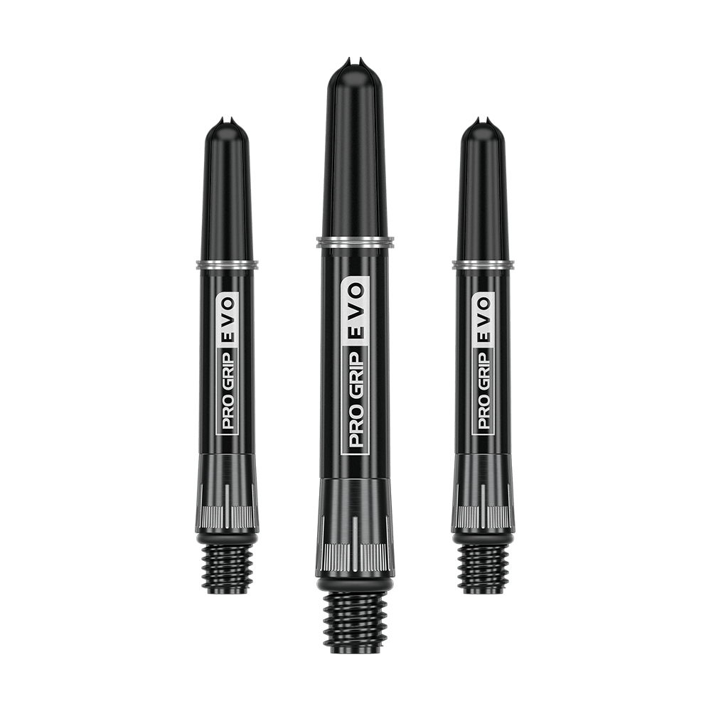 Auf dem Bild sind drei schwarze Dartschäfte mit der Aufschrift "PRO GRIP EVO" zu sehen. Sie stehen nebeneinander aufrecht und haben ein metallisches Gewinde am unteren Ende.