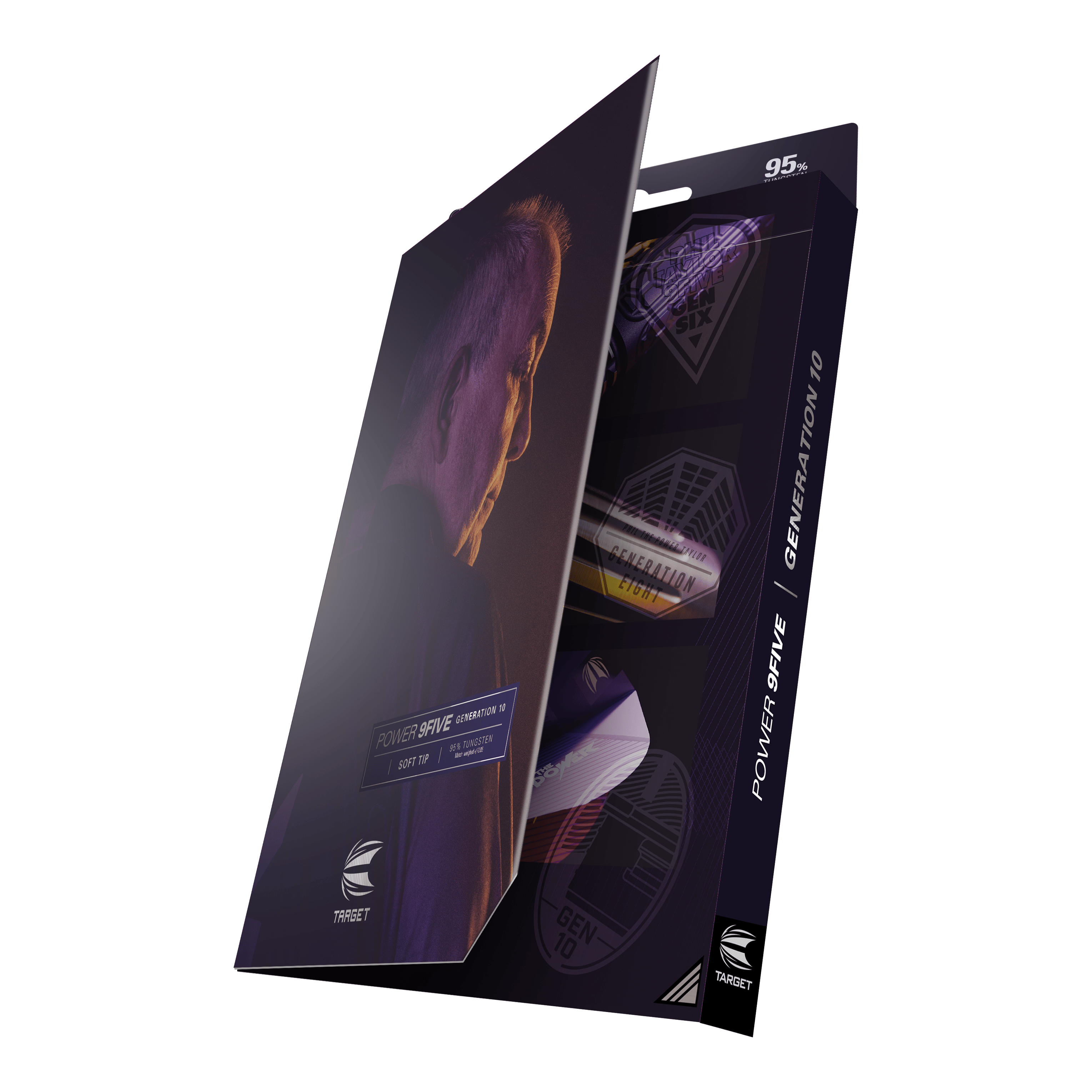 Target Phil Taylor Power 9Five GEN10 zachte darts Die Abbildung zeigt die Verpackung der "Target Phil Taylor Power 9Five GEN10 Softdarts". Auf der Vorderseite ist ein Porträtfoto sowie der Produktname zu sehen.