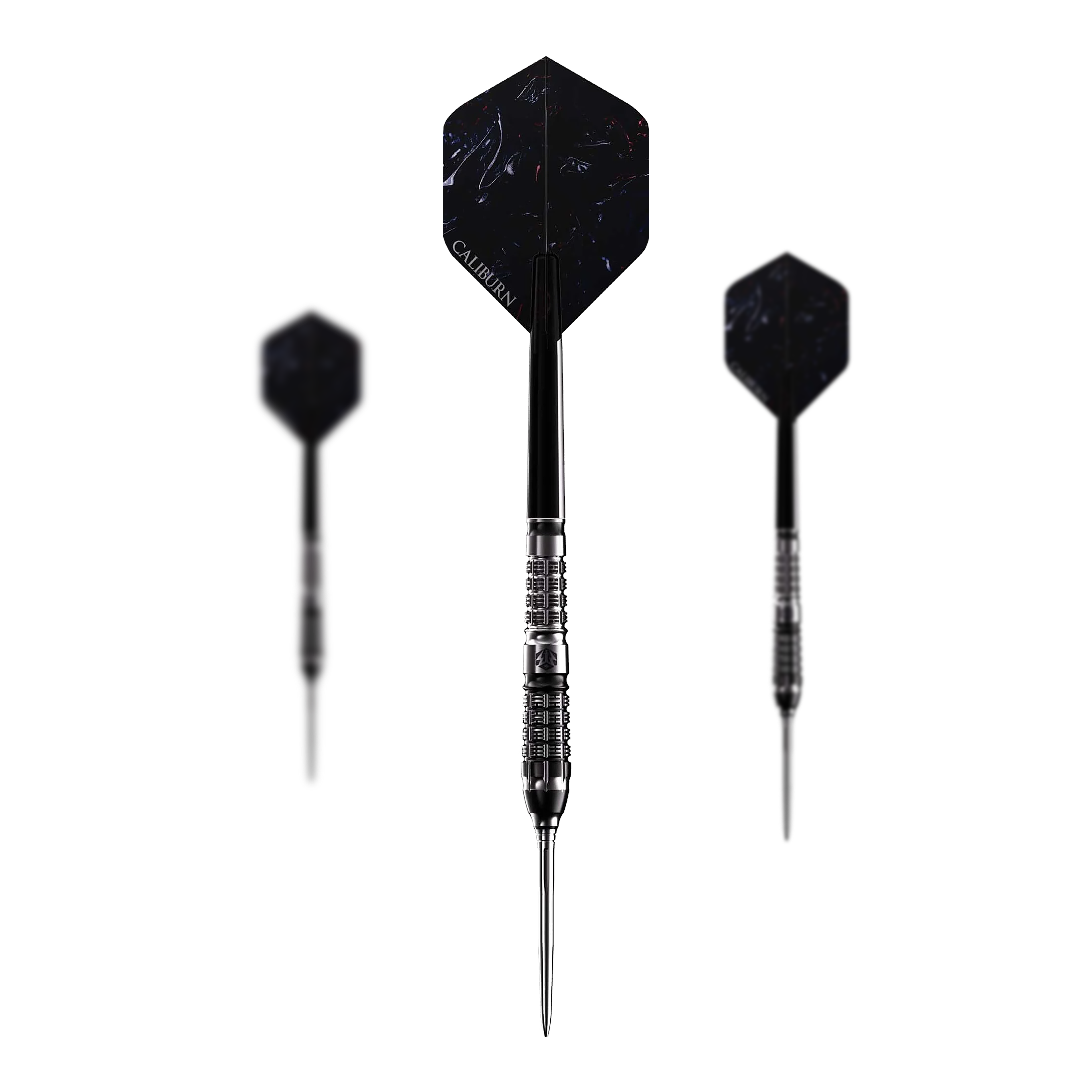 Das Bild zeigt drei schwarze Steeldarts des Modells „Caliburn Sword S5“ mit einem Gewicht von 23,5g. Die Darts haben ein elegantes, modernes Design und sind mit dem Schriftzug „Caliburn“ versehen.