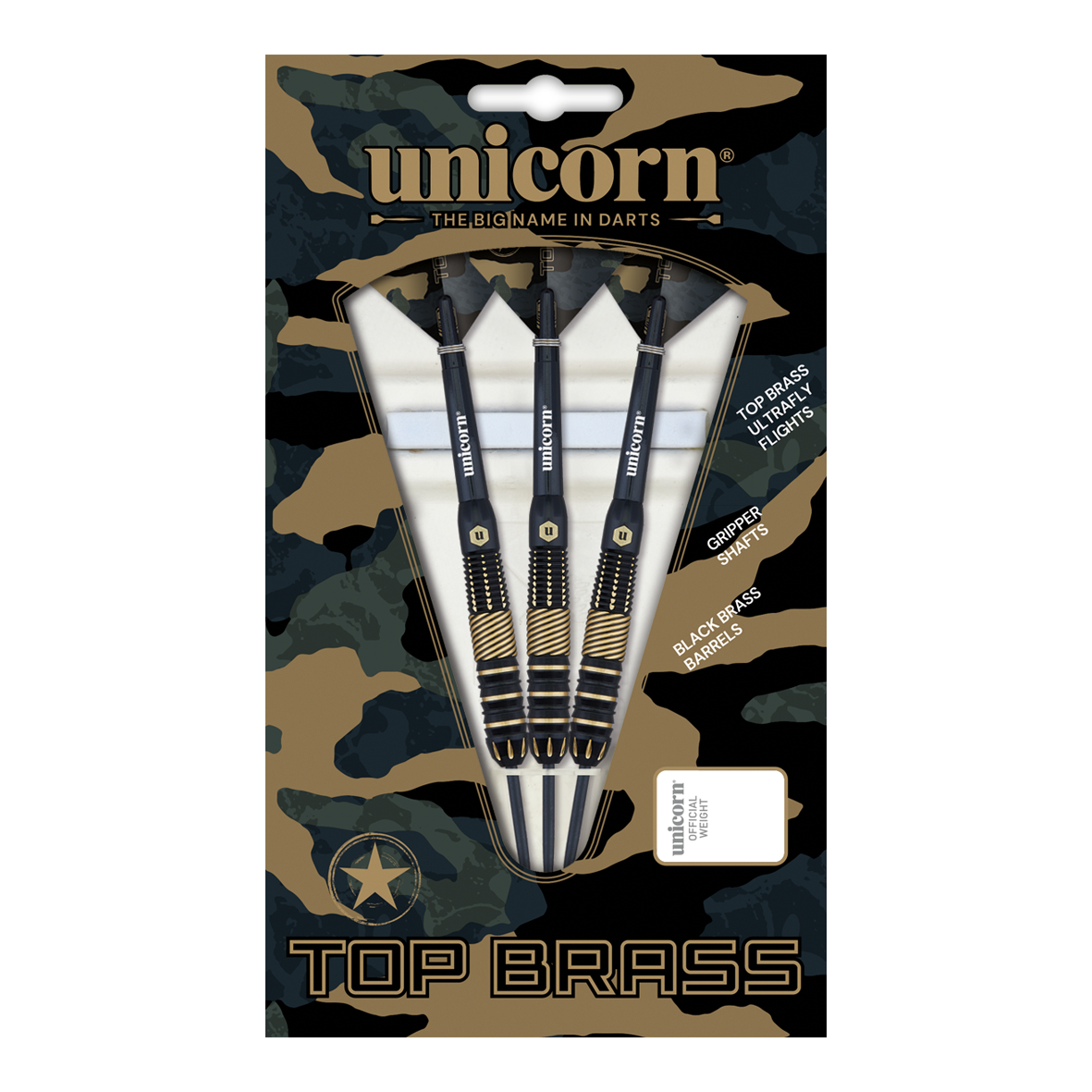 Unicorn Top Brass V2 Steeldarts - 19g Das Bild zeigt die "Unicorn Top Brass V2 Steeldarts - 19g" in einer Verpackung mit Tarnmuster. In der Packung sind drei schwarze Steeldarts mit goldfarbenen Akzenten zu sehen.