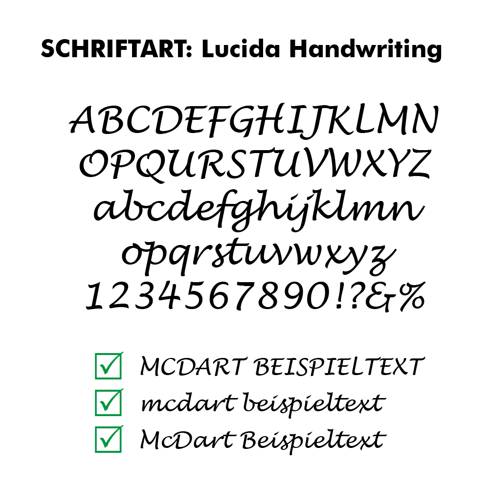 Flightdruck_Schriftart_LucidaHandwriting Dart-Flight mit LucidaHandwriting-Schriftzug. Die Schrift ist modern und leicht gebogen.