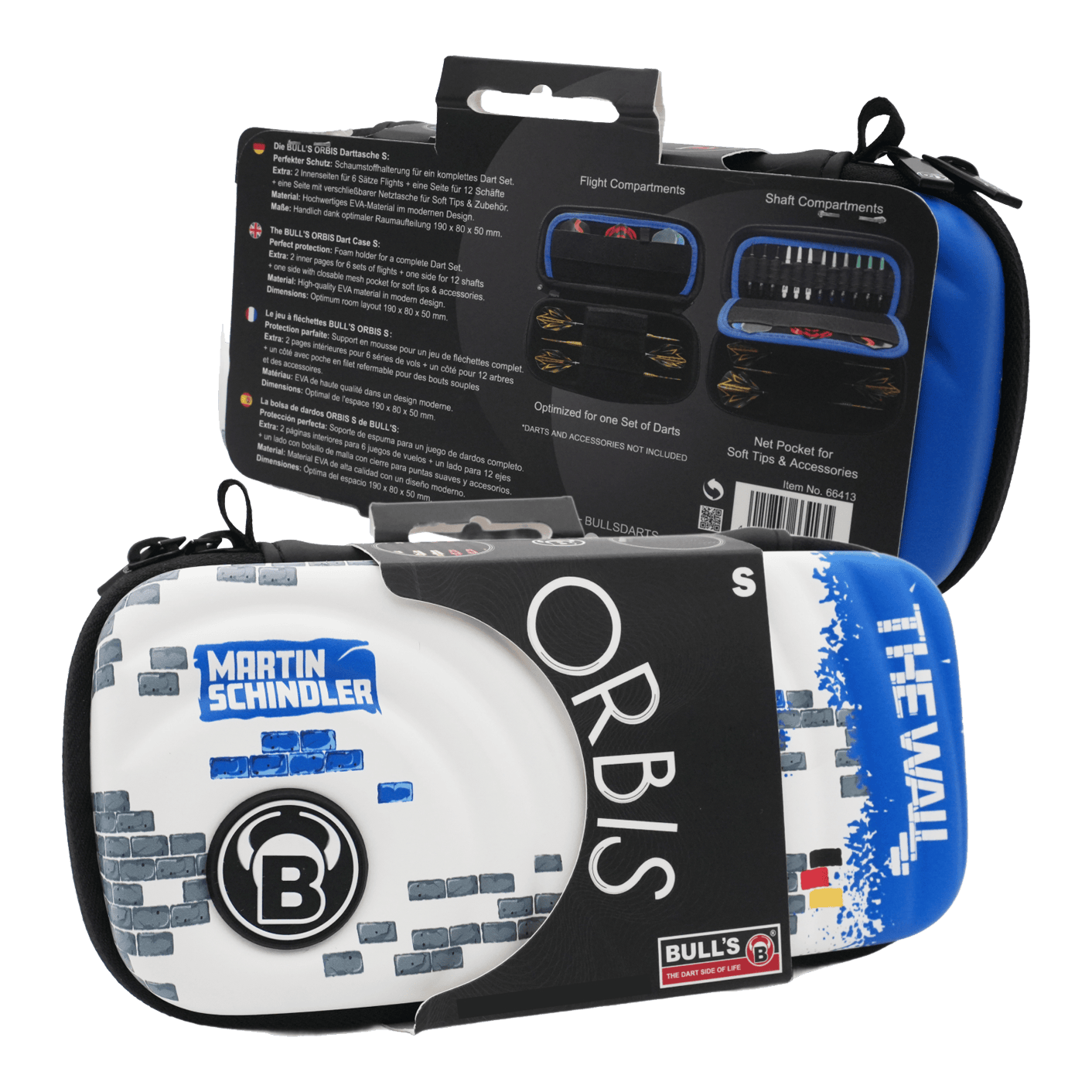 Bulls Orbis S Martin Schindler dartkoker Das Bild zeigt das Produkt "Bulls Orbis S Martin Schindler Dartcase" in einer Verpackung. Das Dartcase ist bunt gestaltet und trägt den Namen "Martin Schindler" sowie "The Wall".
