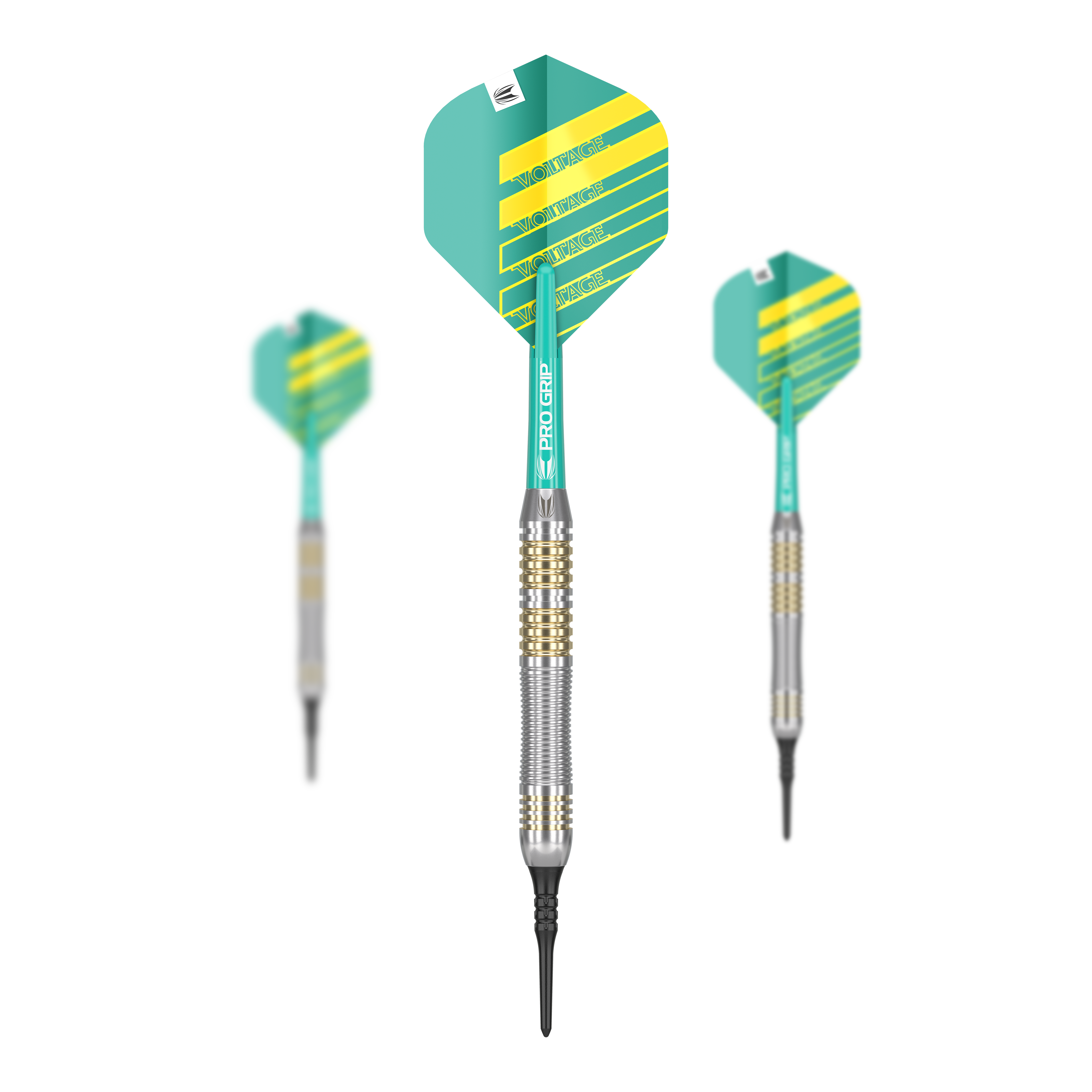Target Rob Cross Brass Soft Darts - 18g Das Bild zeigt drei Softdarts der Marke Target Rob Cross Brass mit einem Gewicht von 18g. Die Darts haben grüne und gelbe Flights sowie einen messingfarbenen Barrel.