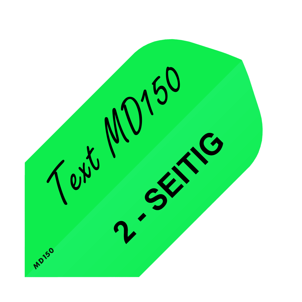 MD-253_2-Seitig_Bedruckte_Flights_Wunschtext_MD150_Neongr-n_Slim_1 Das Bild zeigt einen grünen, bedruckten Dart-Flight mit der Aufschrift "Text MD150" und "2-SEITIG". Es handelt sich um das Produkt "10 Satz Bedruckte Flights 2-Seitig - Wunschtext - MD150 Slim".
