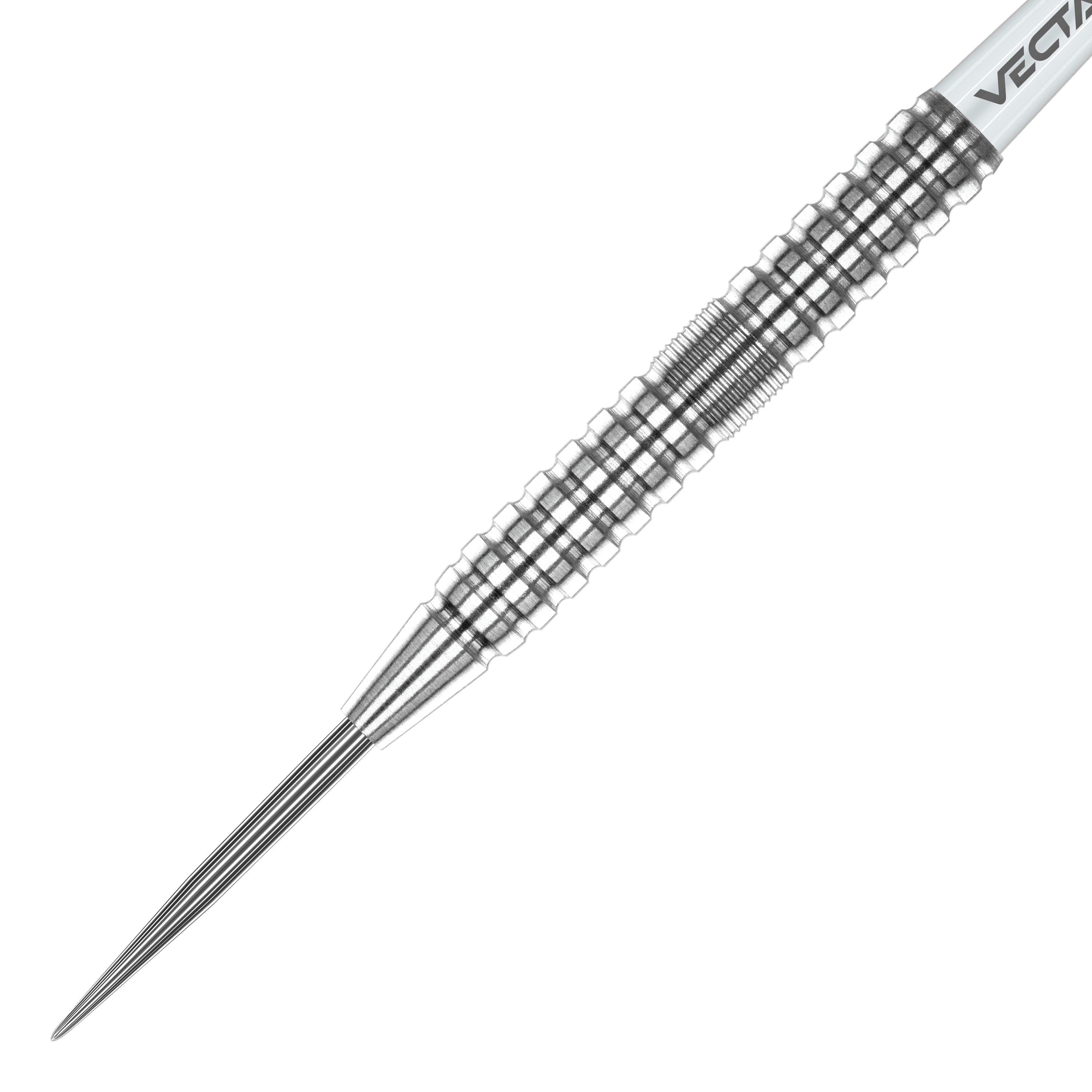 Winmau Willie O'Connor Steel Darts - 23g Das Bild zeigt einen silbernen Winmau Willie OConnor Steeldart mit einem Gewicht von 23g. Der Dartpfeil hat eine strukturierte und geriffelte Oberfläche für besseren Halt.