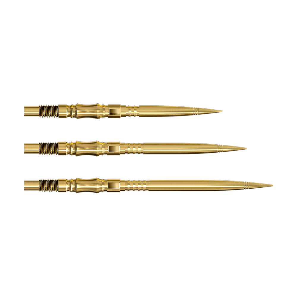 Die Harrows Quick Point Axis Elite Series Dartspitzen in Gold sind auf dem Bild zu sehen. Mehrere goldene Dartspitzen liegen nebeneinander.
