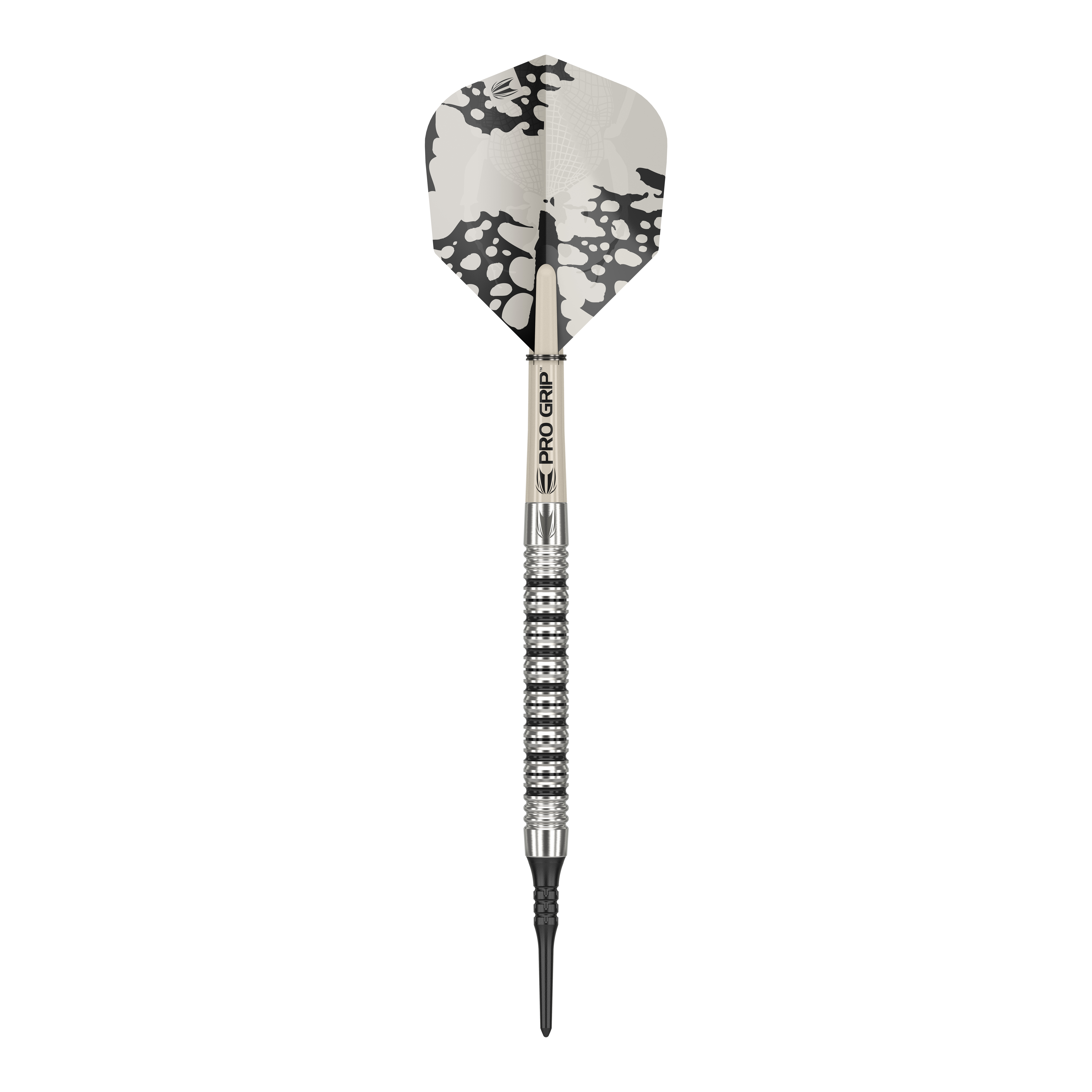 Target EXO 11 Zachte Darts Dies ist ein Softdart des Modells "Target EXO 11". Er hat ein silbernes Barrel mit Rillen und ein Flight mit schwarz-weißem Muster.