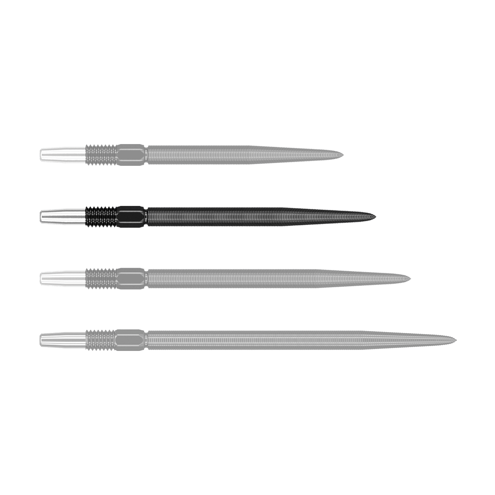 Target Swiss Point Nano Dartpunten - Zwart Auf dem Bild sind vier schwarze Dartspitzen in einer Reihe zu sehen. Die Spitzen sind aus Metall und haben ein geriffeltes Muster am oberen Ende.