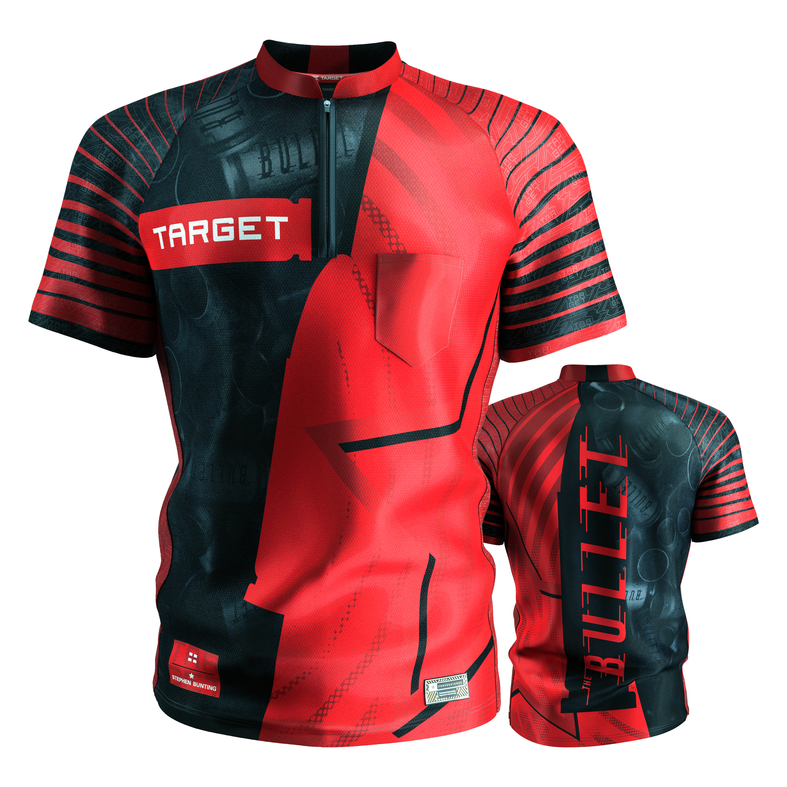 Target Coolplay Stephen Bunting 2025 dartshirt Das Bild zeigt das "Target Coolplay Stephen Bunting 2025 Dartshirt" in auffälligem Rot und Schwarz. Auf der Vorderseite steht "TARGET" und auf der Rückseite ist groß "BULLET" zu lesen.