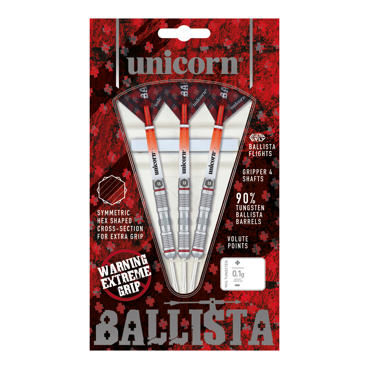 Unicorn Ballista Style 2 stalen darts Das Bild zeigt eine Packung "Unicorn Ballista Style 2 Steeldarts" mit drei Darts. Die Verpackung hebt den extremen Grip und den 90%igen Tungsten-Anteil der Barrels hervor.