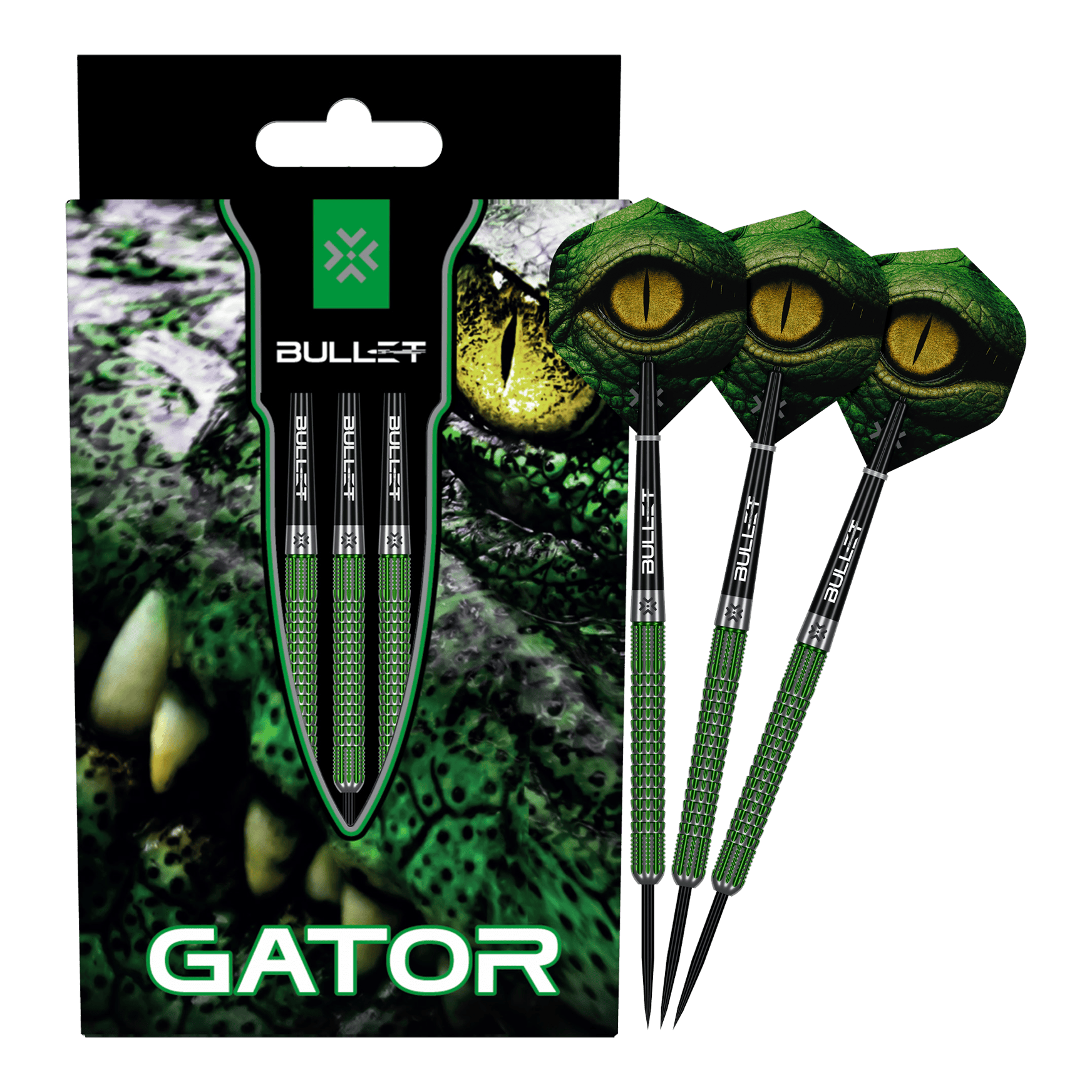 Bullet Gator stalen darts Das Bild zeigt die Bullet Gator Steeldarts. Es handelt sich um Steeldarts für den Präzisions-Dartsport.