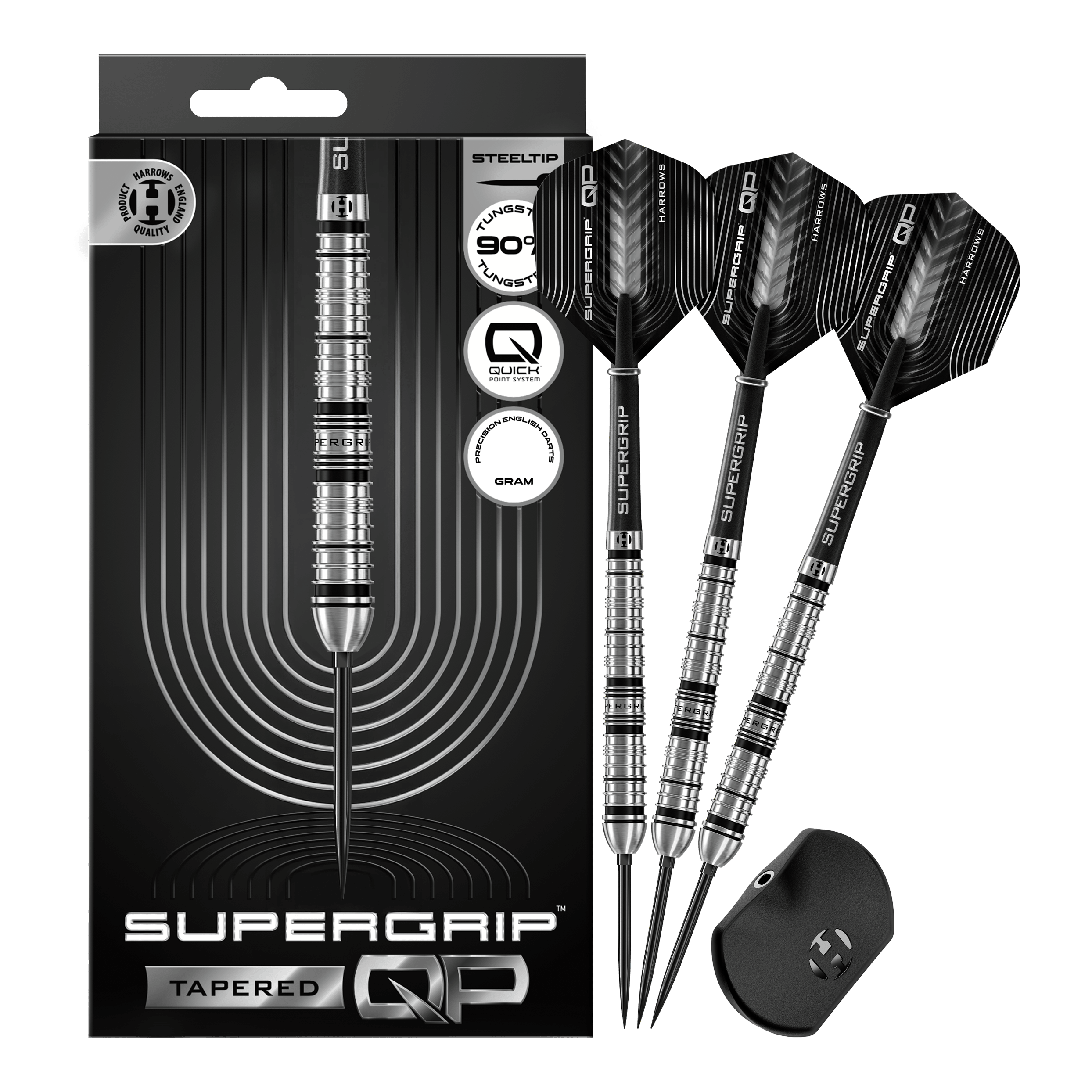 Harrows Supergrip Tapered Quick Point stalen dartpijlen Abgebildet sind die Harrows Supergrip QP Tapered Quick Point Steeldarts. Es handelt sich um hochwertige Steeldarts für präzises Dartspiel.