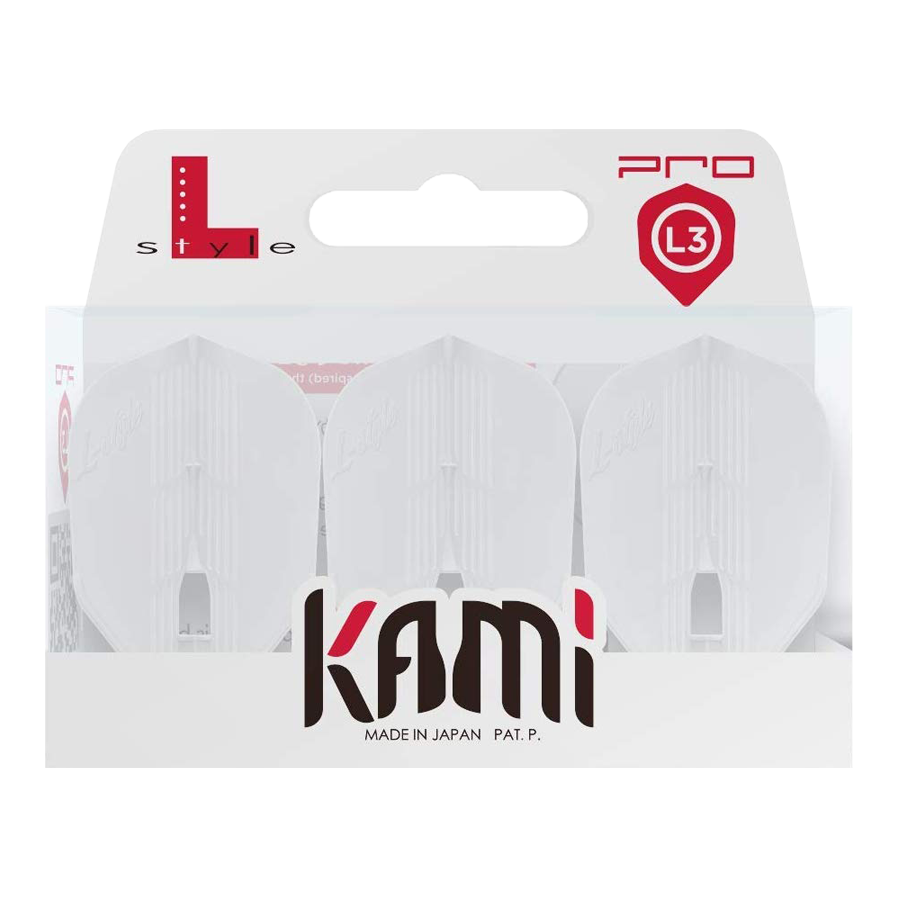 L-Style KAMI L3PRO-vluchten Die Abbildung zeigt eine Packung mit drei weißen Dartflights der Marke KAMI. Auf der Verpackung steht „Made in Japan“ und das Produkt ist für das L3 PRO System geeignet.