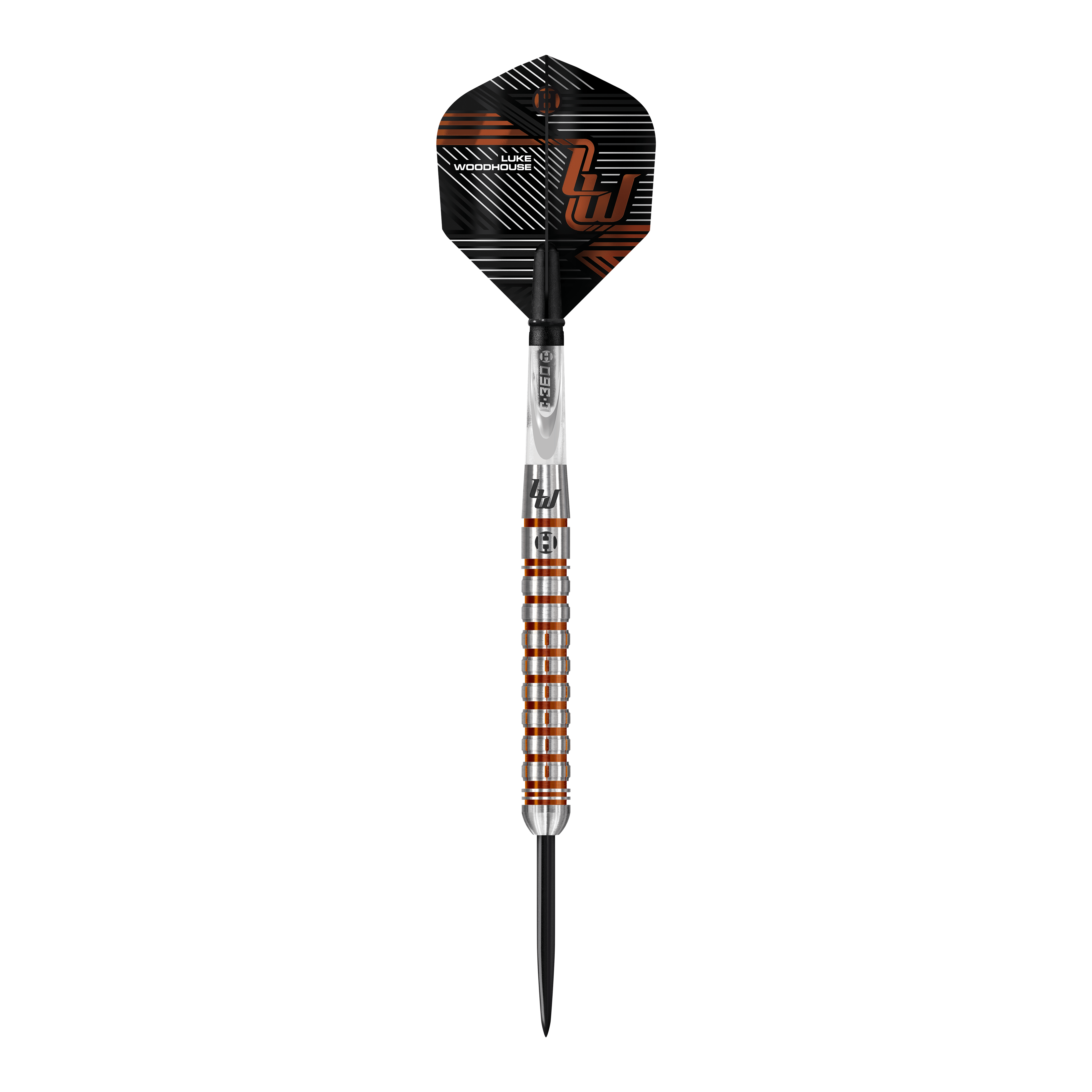 Luke Woodhouse Series 2 stalen darts van Harrow Das Bild zeigt einen Steeldart der Marke "Harrows Luke Woodhouse Series 2". Der Dart hat ein auffälliges Design mit silbernen und bronzefarbenen Ringen am Griff und einer schwarz-orangen Flights.