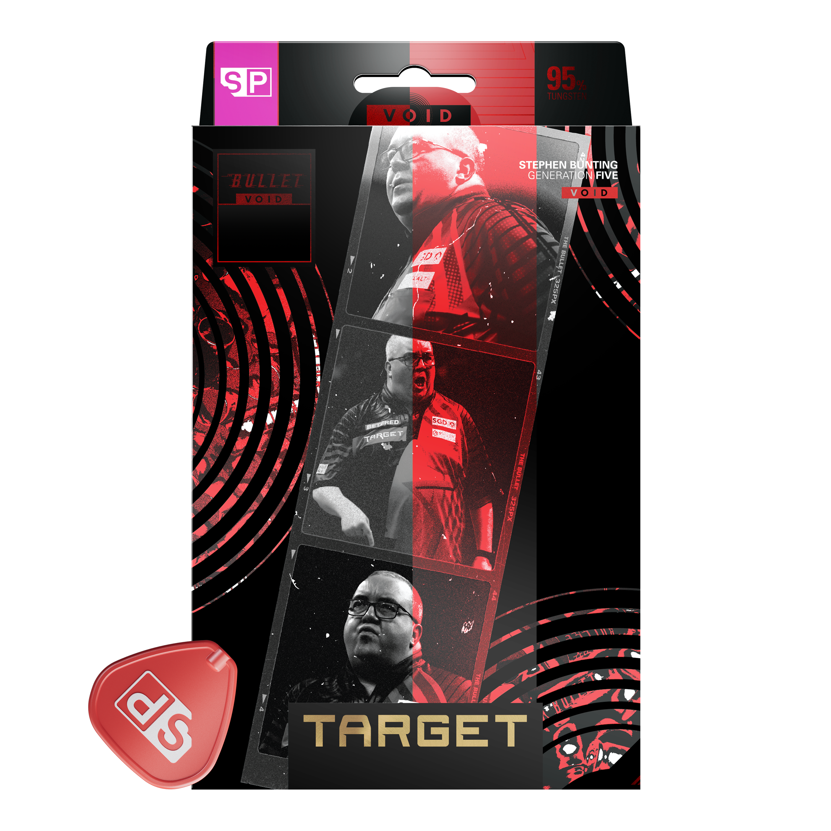 Zu sehen sind die Target Stephen Bunting GEN5 Void Swiss Point Steeldarts. Die Darts überzeugen durch ihr markantes Design und ihre gute Griffigkeit.