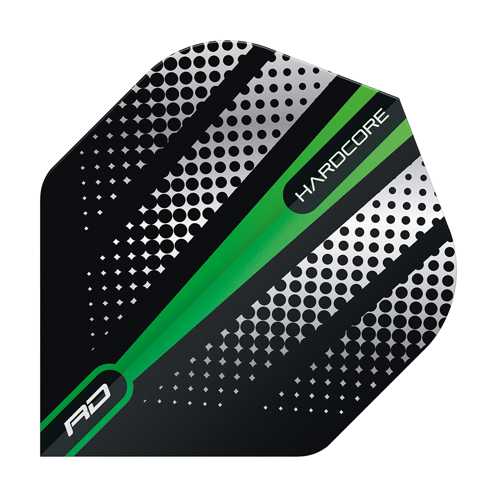 TF6508_Red_Dragon_Hardcore_Radical_Green_Flash_Standard_Flights_1IWHH3BZoInHo6 Das Bild zeigt ein Dartflight mit einem modernen Design in Schwarz, Grün und Silber. Auf dem Flight stehen die Wörter „HARDCORE“ und „RD“.