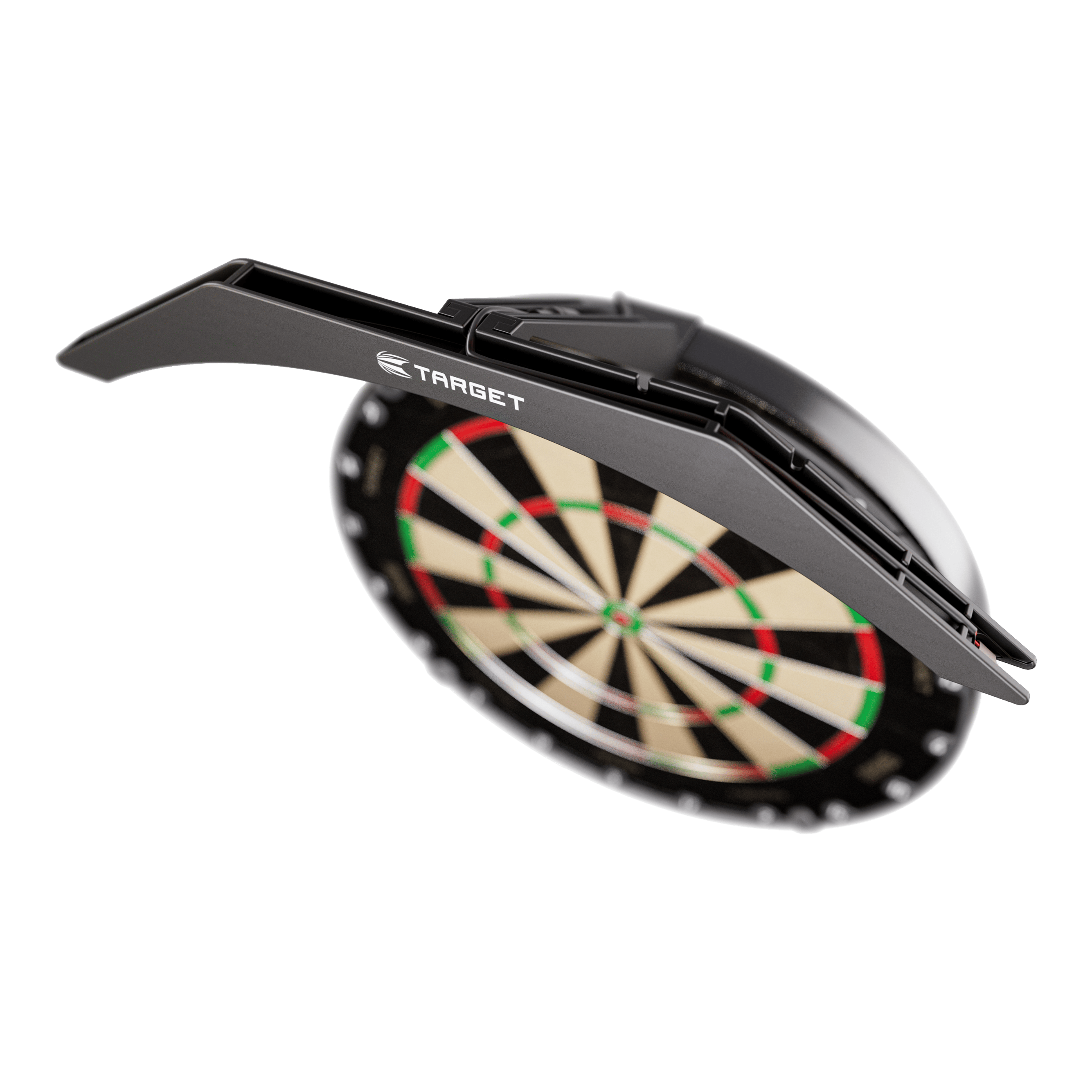 Target ARC V2 Dartbordverlichting Das Bild zeigt die "Target ARC V2 Dartboard Beleuchtung", die über einem Dartboard angebracht ist. Die Beleuchtung sorgt für optimale Ausleuchtung der Dartscheibe beim Spielen.
