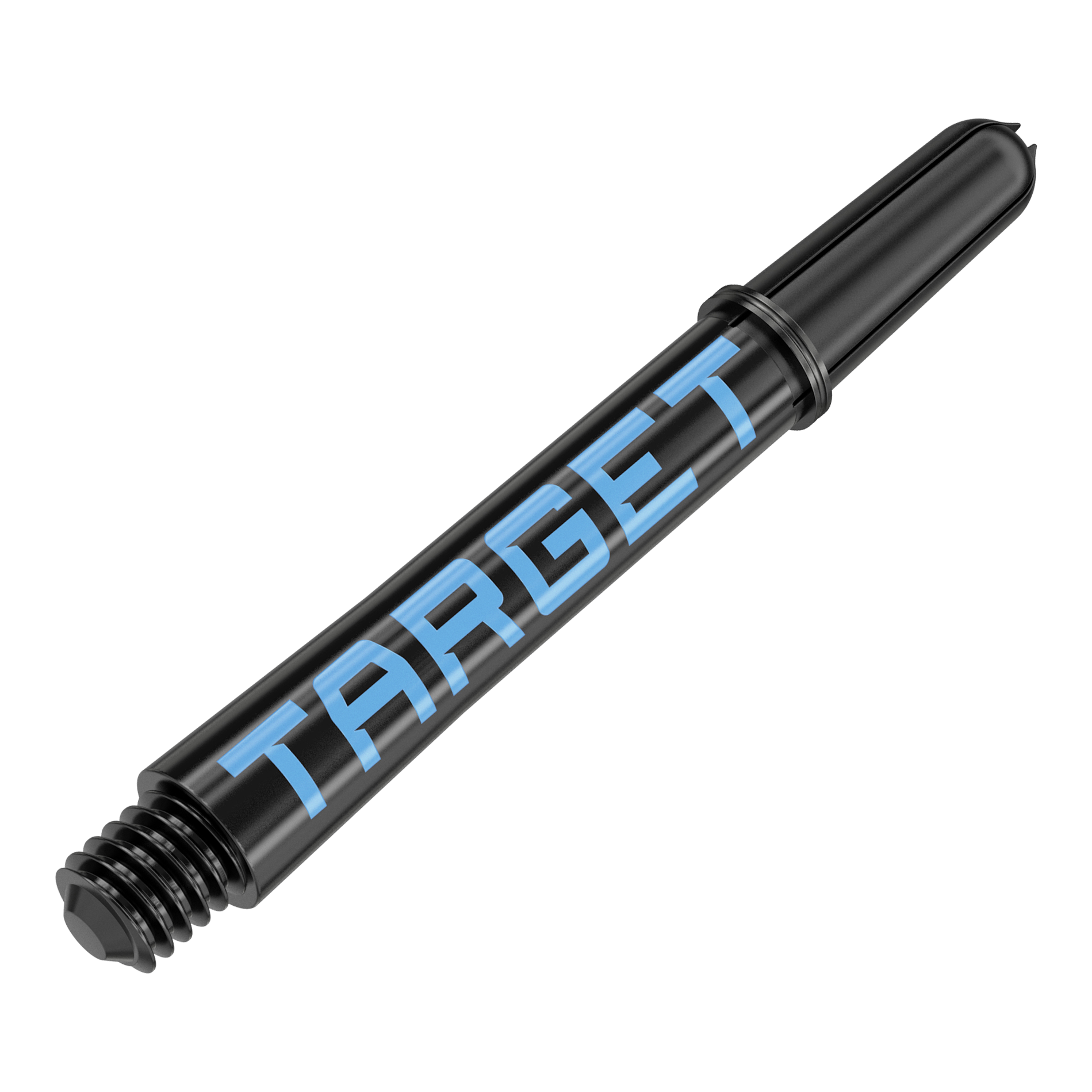 Dies ist ein schwarzer Dart-Schaft mit blauer Schrift. Auf dem Schaft steht das Wort "TARGET".