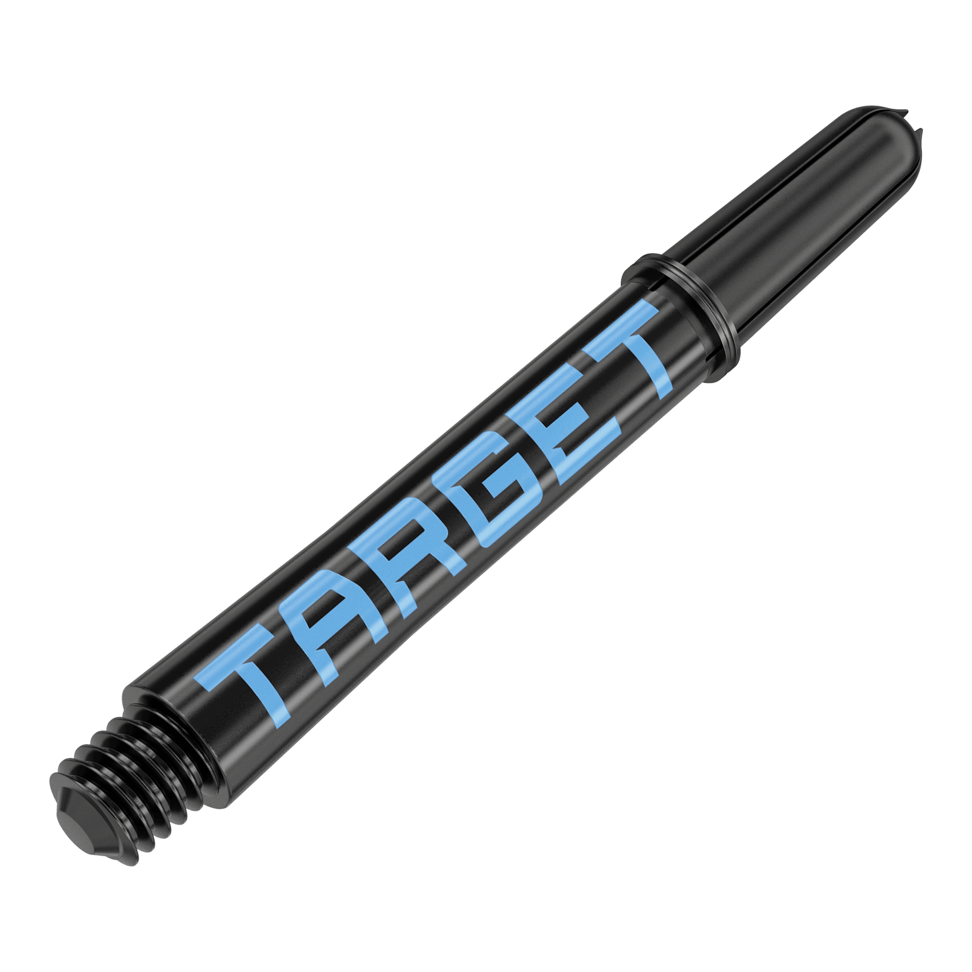 Target Pro Grip TAG Shafts - 3 sets - Zwartblauw Dies ist ein schwarzer Dart-Schaft mit blauer Schrift. Auf dem Schaft steht das Wort "TARGET".