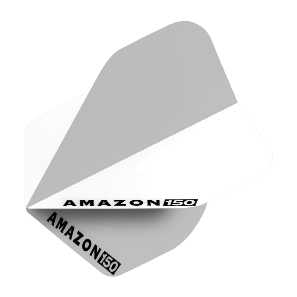 Amazon 150 Vluchten - Wit Das Bild zeigt ein weißes Amazon 150 Flights Dart-Flügel. Auf dem Flight steht in schwarzer Schrift "AMAZON 150".