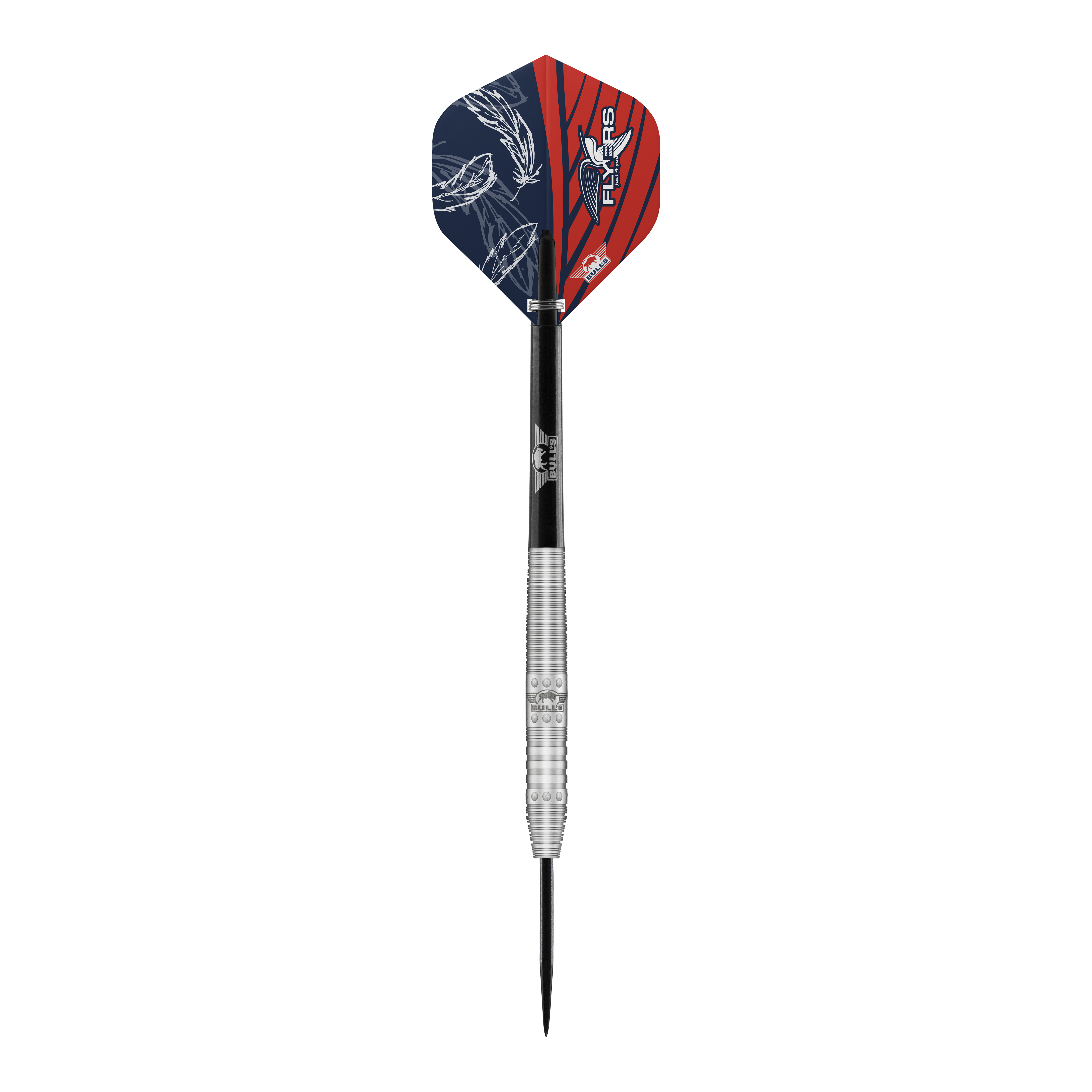 Bulls NL Richard Veenstra 80 stalen darts - 23g Das Bild zeigt einen Steeldartpfeil namens "Bulls NL Richard Veenstra 80 Steeldarts - 23g". Der Dart hat eine silberne, gerillte Spitze und bunte Flights in Blau und Rot mit weißen Mustern.
