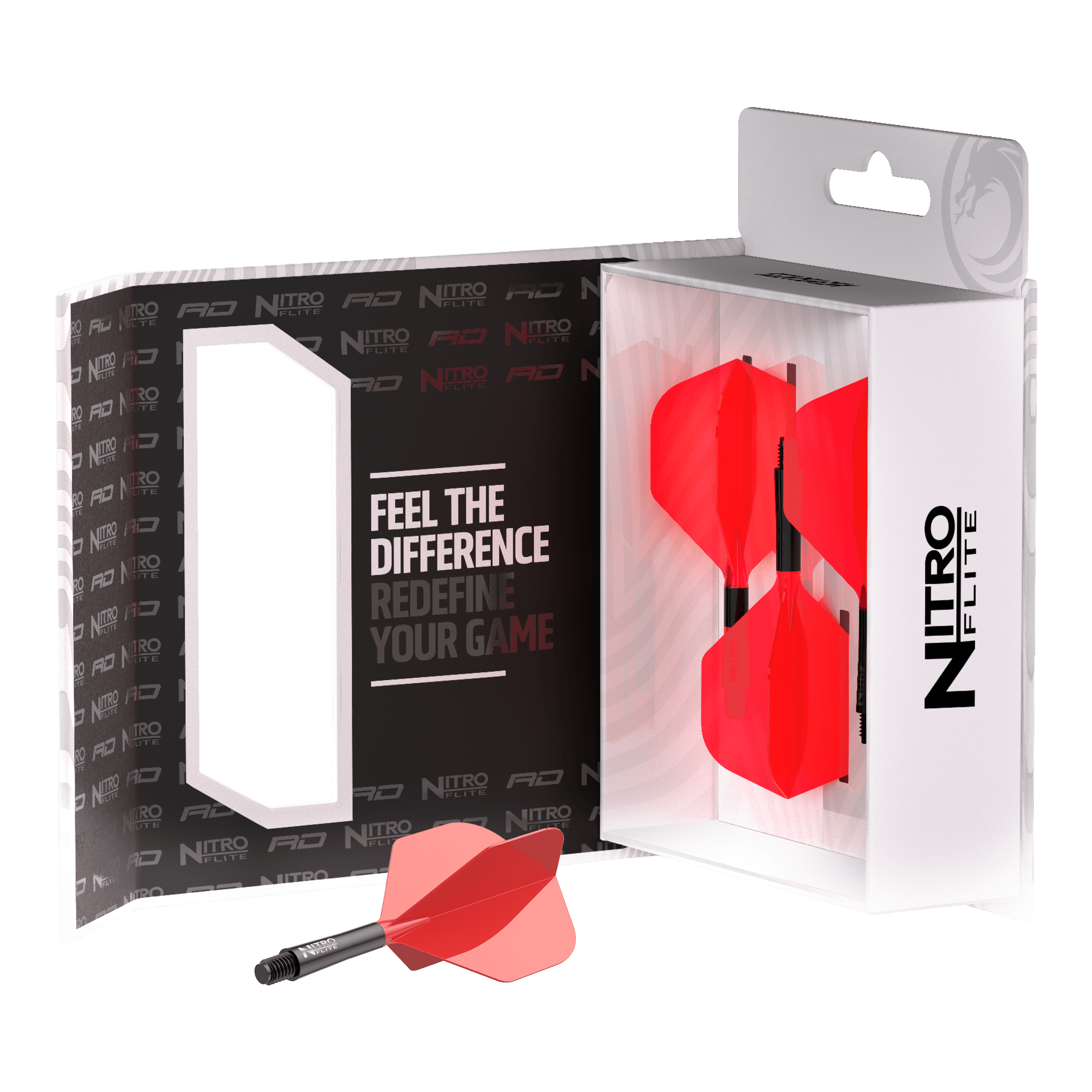 Red Dragon Nitroflite - Zwarte Schacht Rode No2 Vluchten Zu sehen ist Red Dragon Nitroflite - Black Shaft Red No2 Flights. Die Dart-Flights zeigen ein Design in Schwarz und Rot.