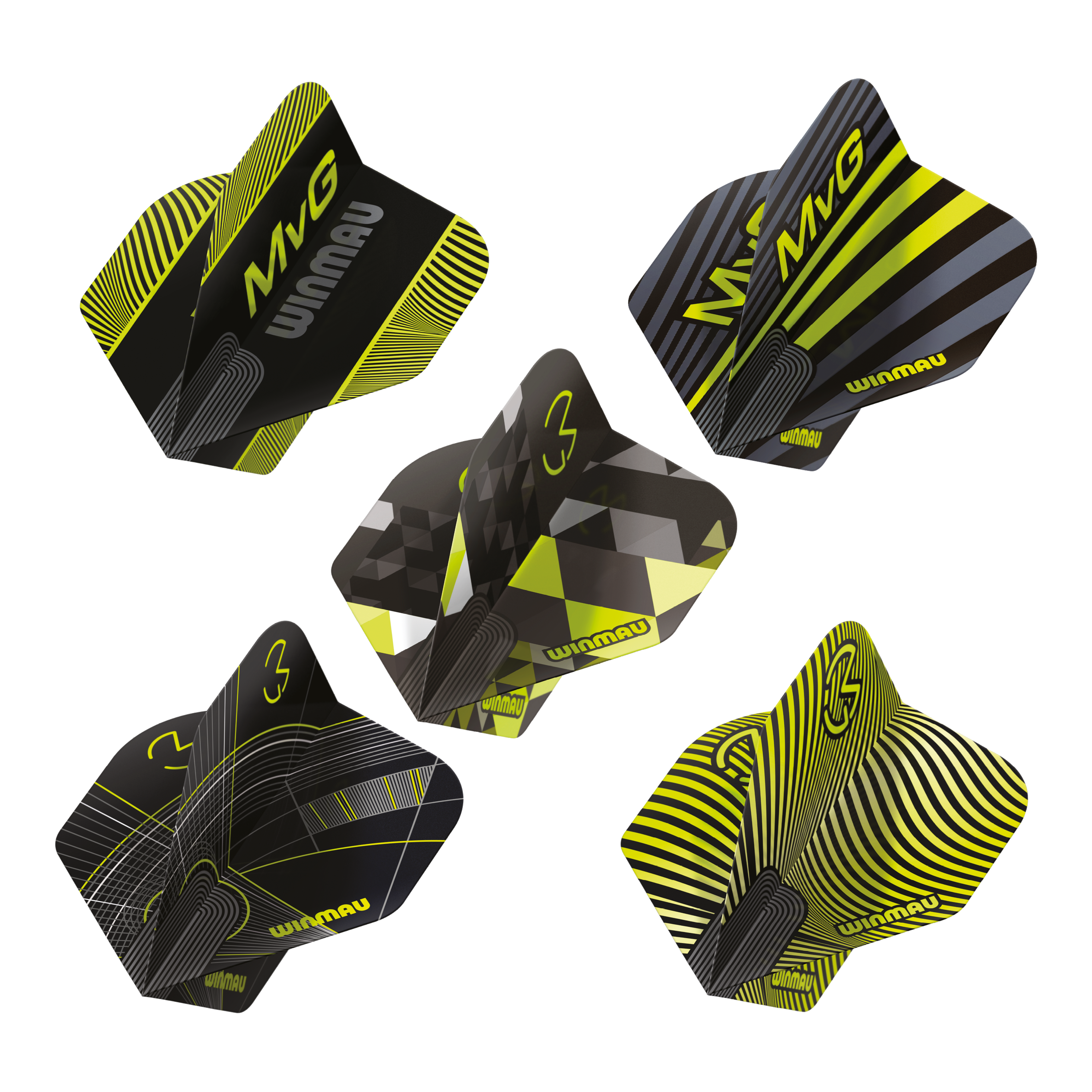 Winmau Michael Van Gerwen Prism No2 standaard vluchtcollectie Das Bild präsentiert die Winmau Michael Van Gerwen Prism No2 Standard Flight Collection. Es handelt sich um eine Auswahl an Dart Flights.
