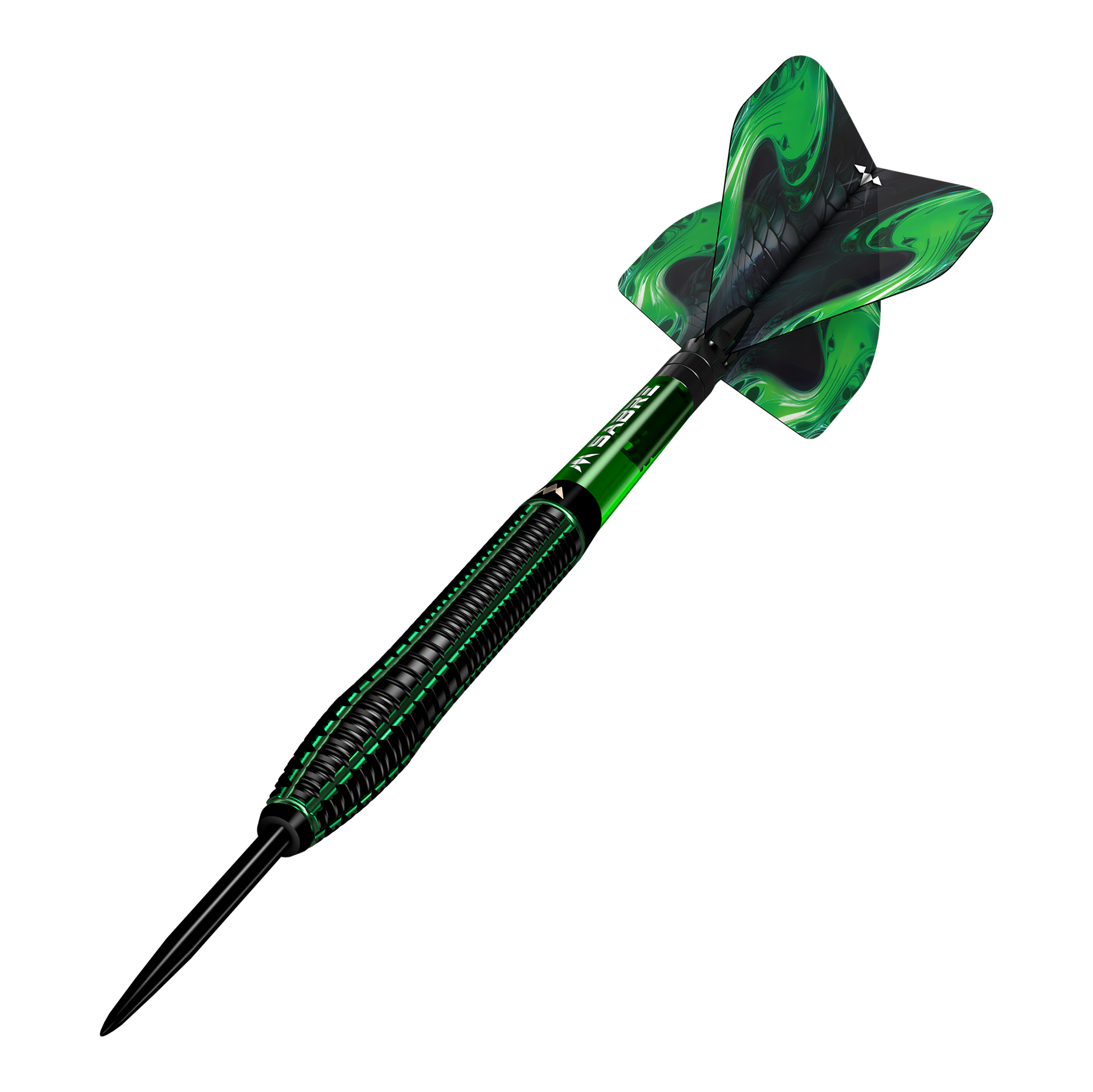 Mission Venom stalen darts Das Bild zeigt einen Mission Venom Steeldart mit schwarzem und grünem Design. Die Flights sind ebenfalls grün mit einem geschwungenen Muster.