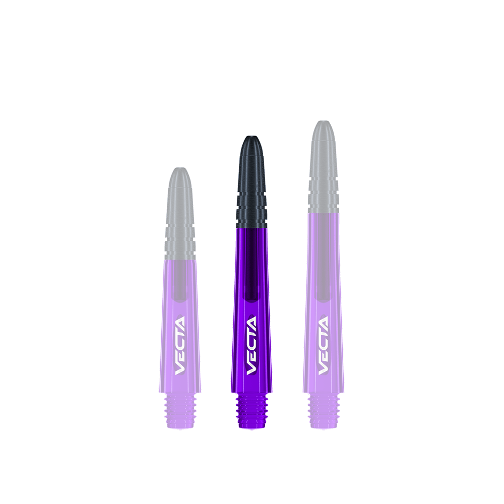 Winmau Vecta Shafts - Paars Zwart Das Bild zeigt drei lila und schwarze Dartschäfte der Marke Vecta. Sie sind nebeneinander aufgereiht und haben unterschiedliche Längen.