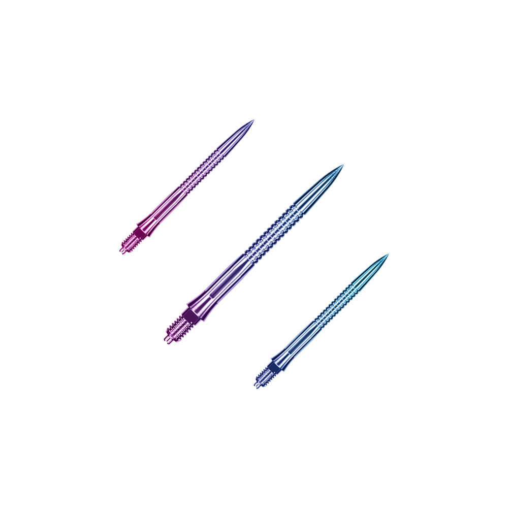 Caliburn EZ-EVO dartpunten - Gegroefd - Regenboog Das Bild zeigt EVO205 Caliburn EZ-EVO Dartspitzen Grooved Rainbow 28mm als Set. Es handelt sich um mehrfarbige Dartspitzen mit Rillenstruktur.